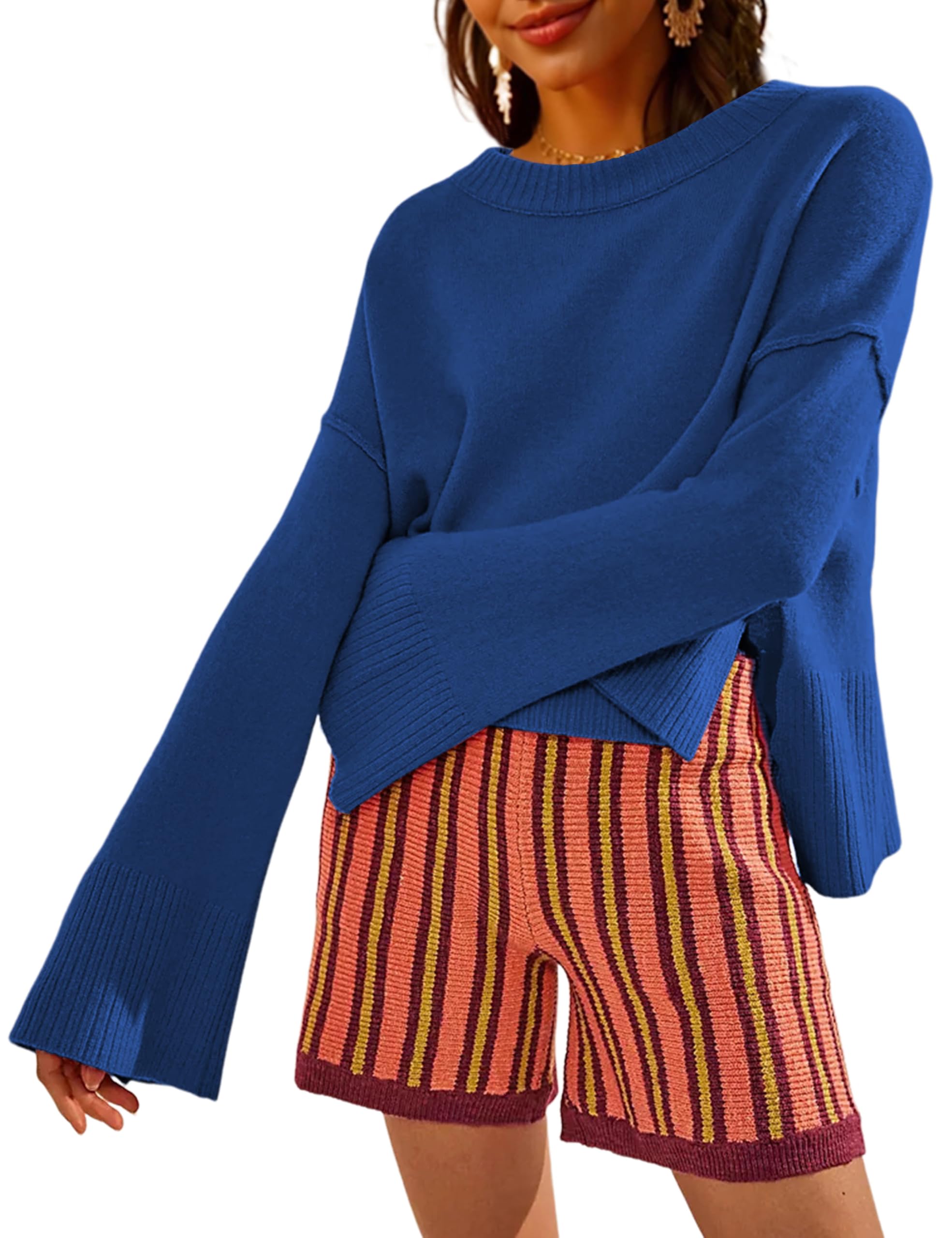 Suéter Feminino Taqcux, Gola Redonda, Manga Estilo Sino, Azul Marinho