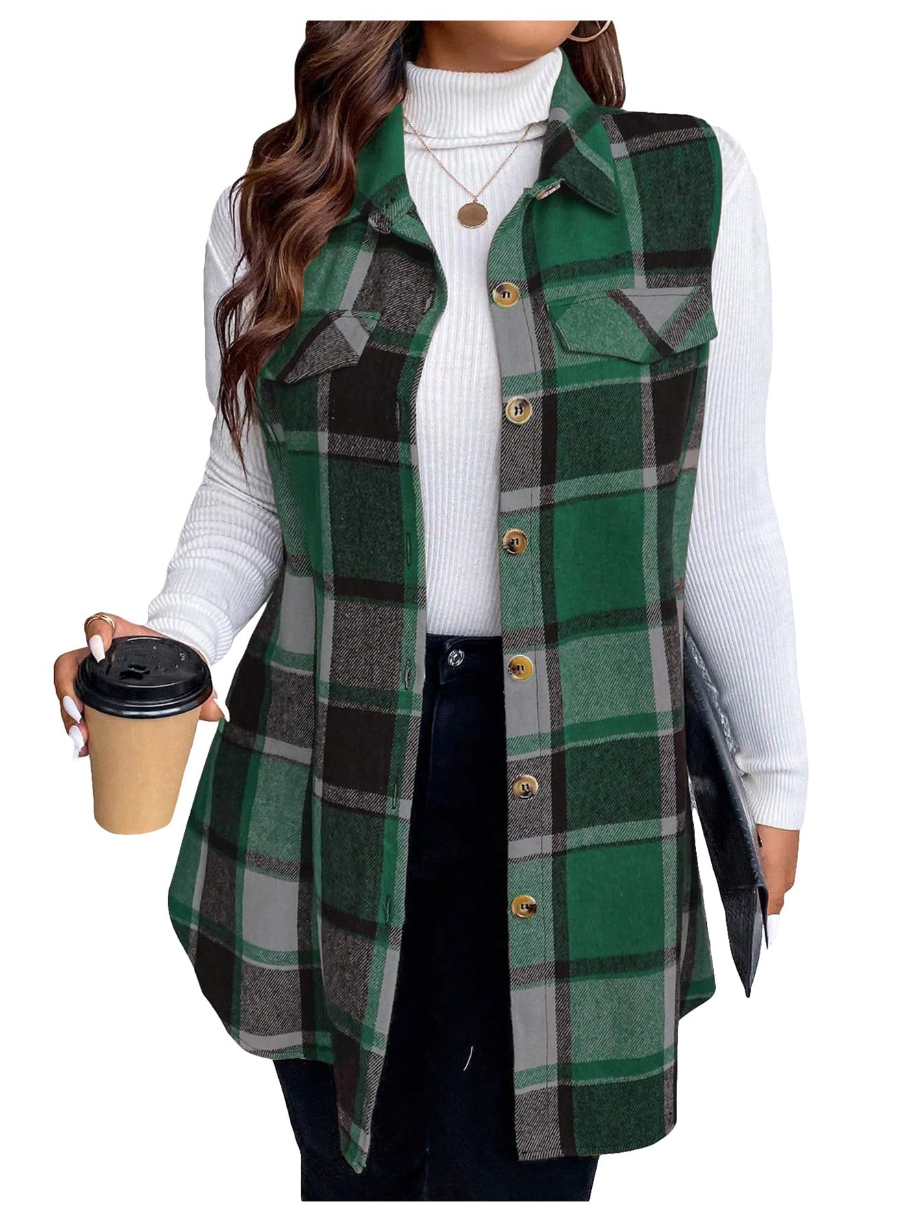 Outwear, Colete, Jaqueta Xadrez De Tweed, Camisa Com Botões, Verde