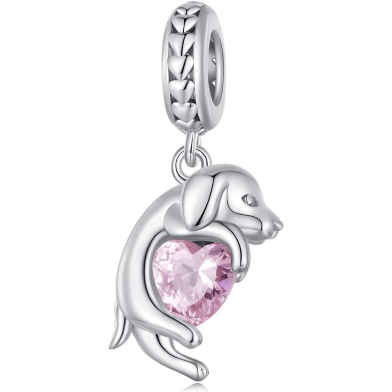 Charm Silver Dog Over Pink Heart Para Pulseira
