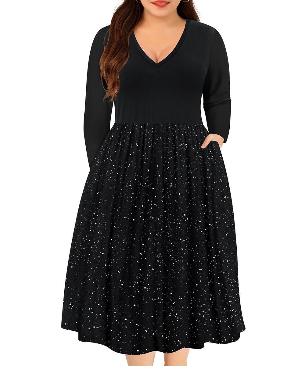 Vestido Ritera Glitter Preto Com Decote Em V, Manga Comprida, Tamanho Grande, 5gg