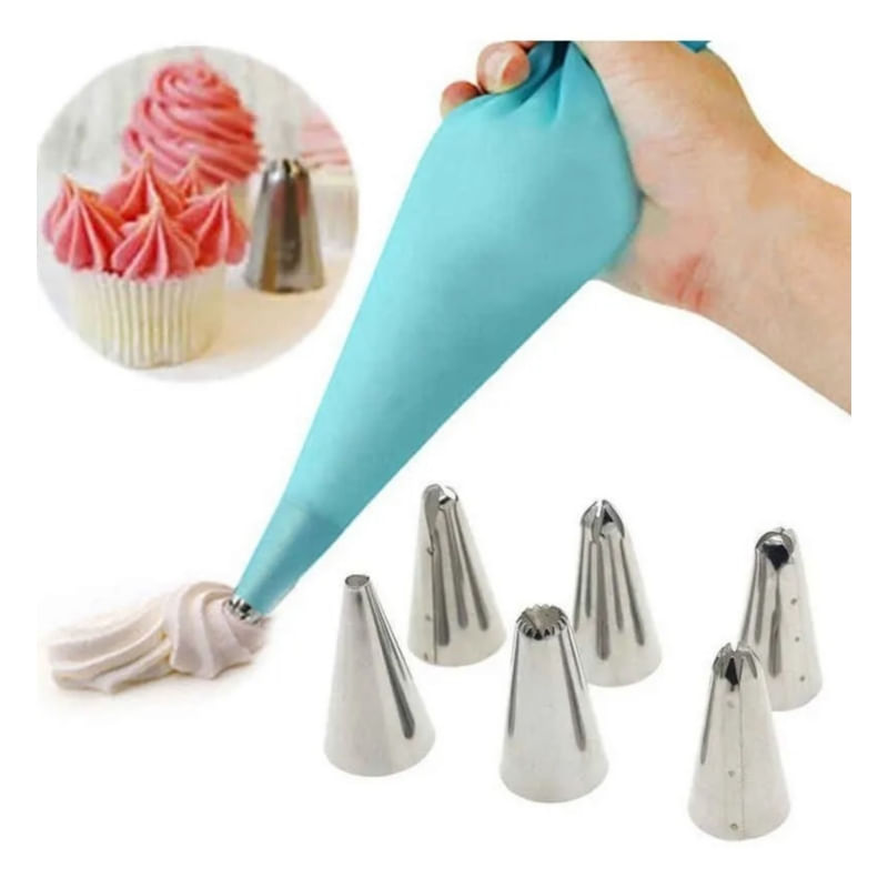 Manga De Bolo De Silicone + 6 Bicos De Aço Inoxidável
