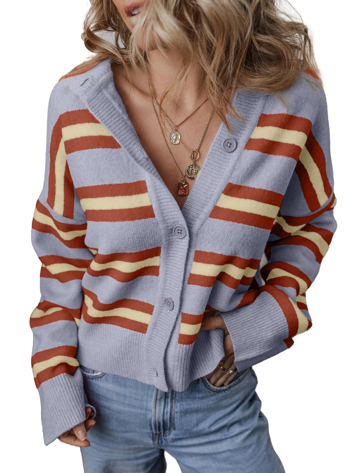 Casaco De Lã Feminino Evaless, Cortado, Listrado, 2024, Outono-inverno