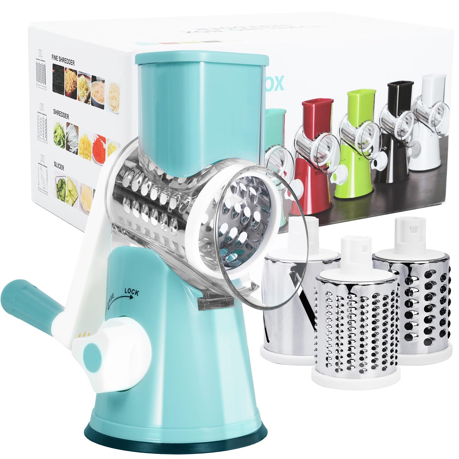 Ralador De Queijo Rotativo Cudebo Com 3 Lâminas, Base De Sucção Azul