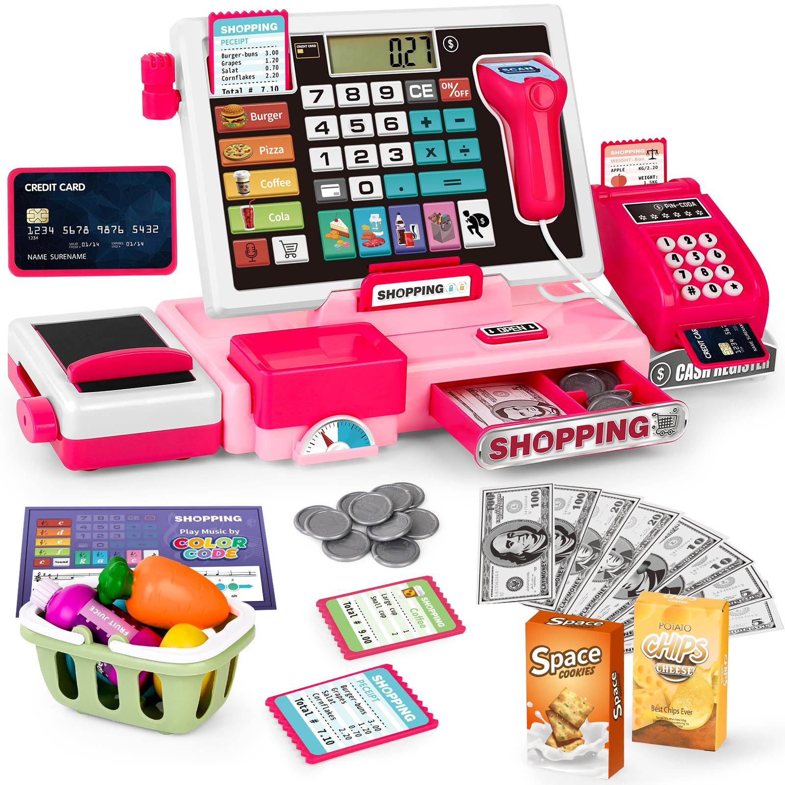 Brinquedo Para Caixa Registradora Maysida Kids Com Calculadora, Scanner Rosa