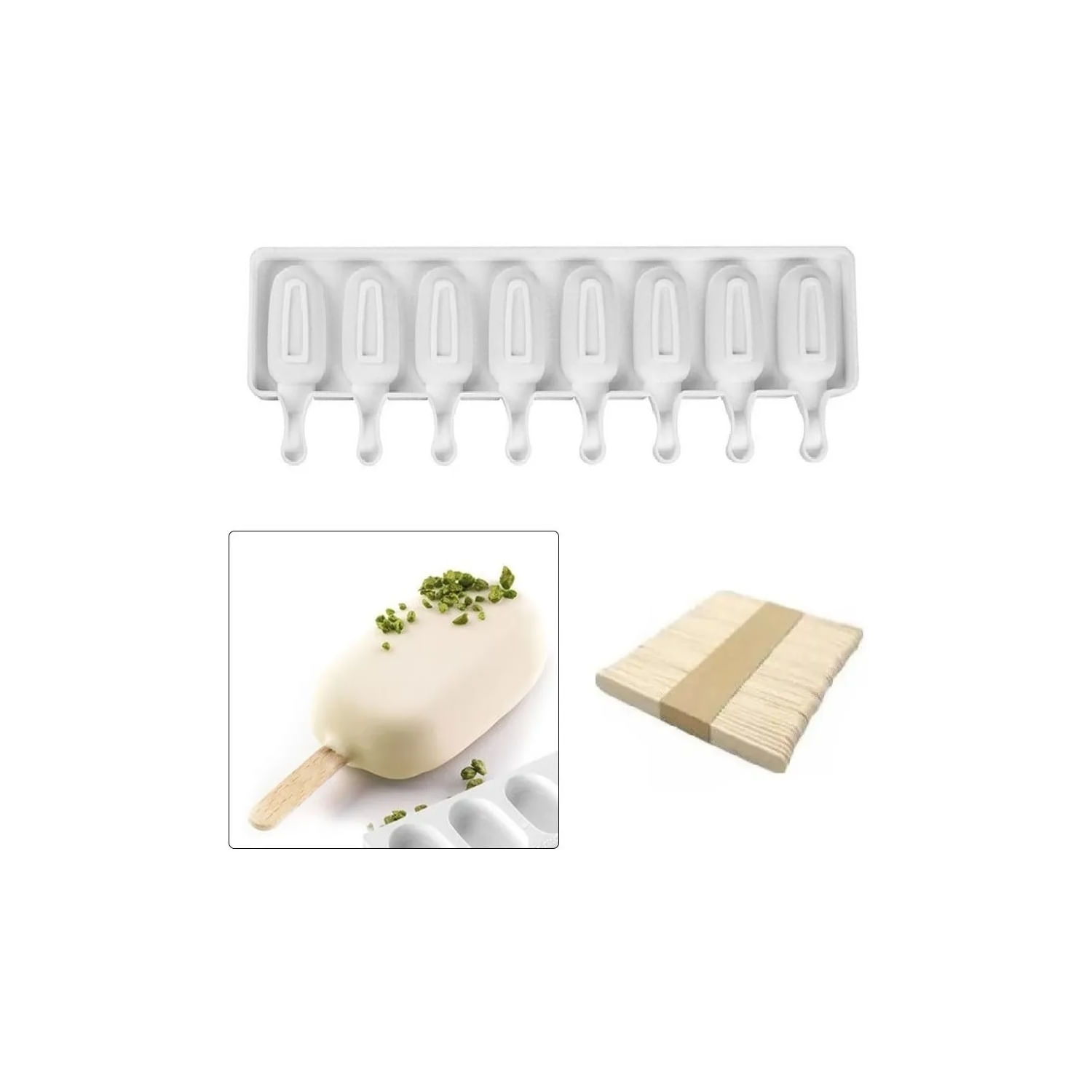 Molde De Sorvete De Silicone Para 8 Mini Picolés Com 50 Palitos