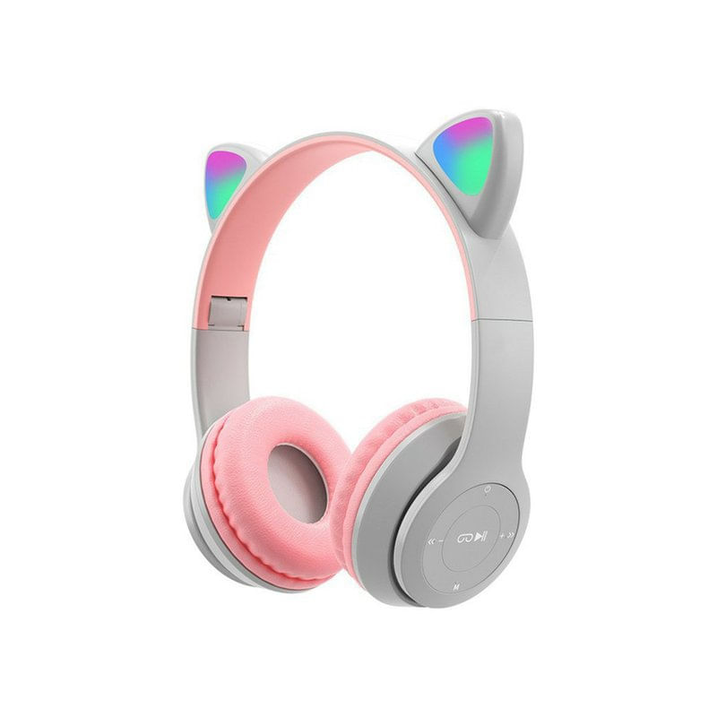 Fones De Ouvido Bluetooth Cat Ears Com Faixa De Cabeça Led - Cinza
