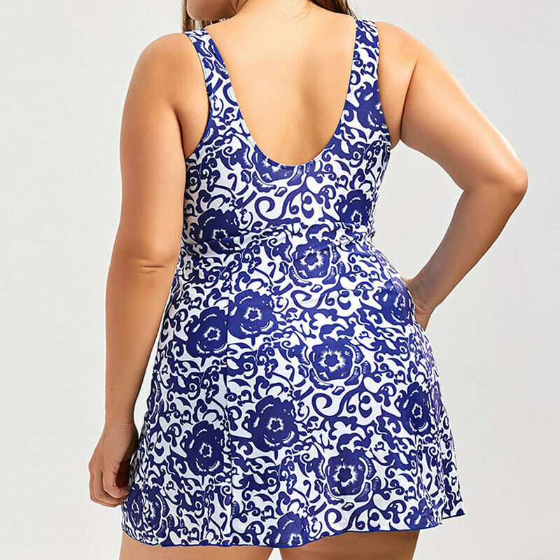 Mulheres Plus Size Uma Peça Floral Tankini Azul