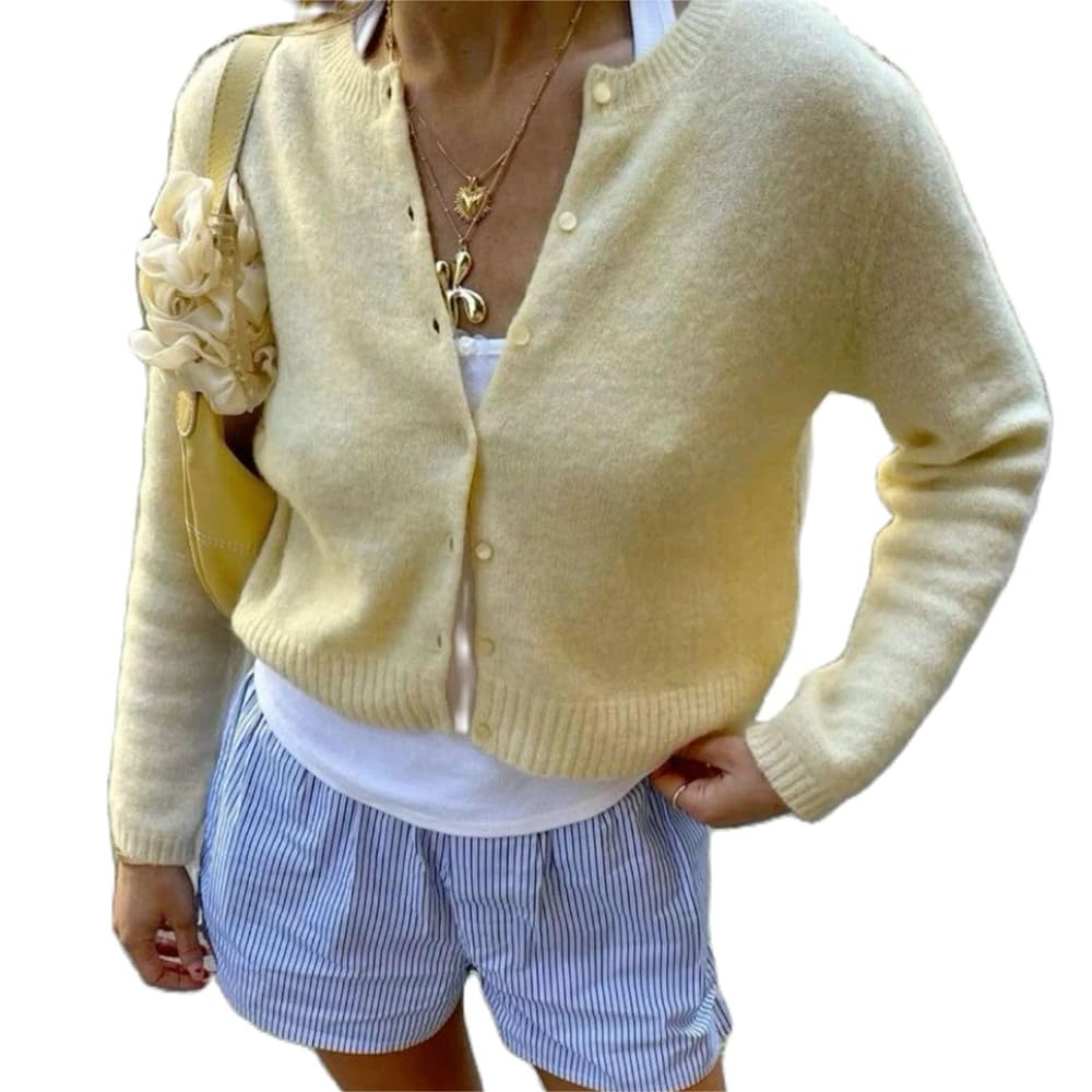 Suéter De Cardigã Dsorvicd Feminino Y2k Crop Button Down Amarelo