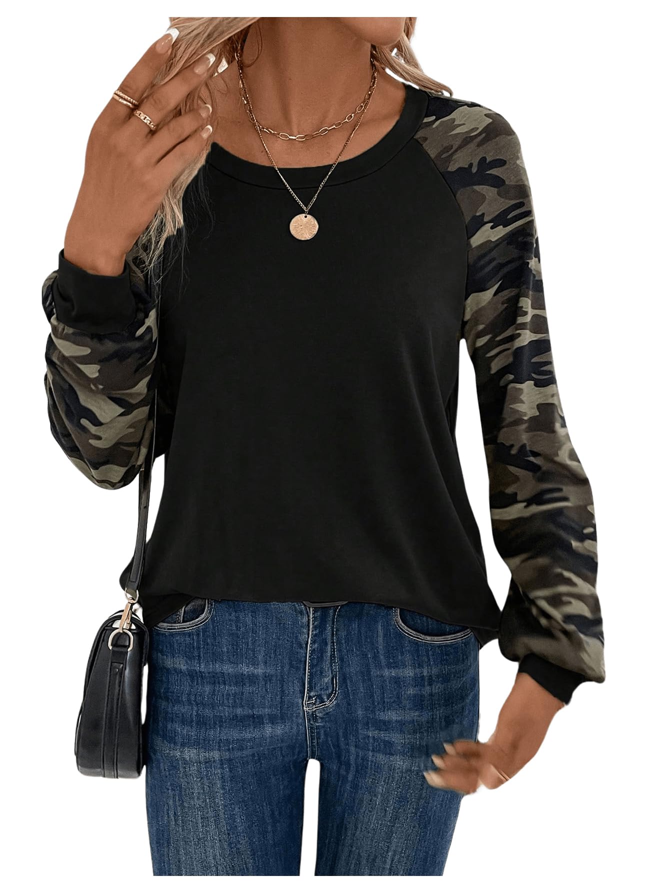 Camiseta Feminina Roseseek Com Estampa Camuflada De Manga Comprida Preta