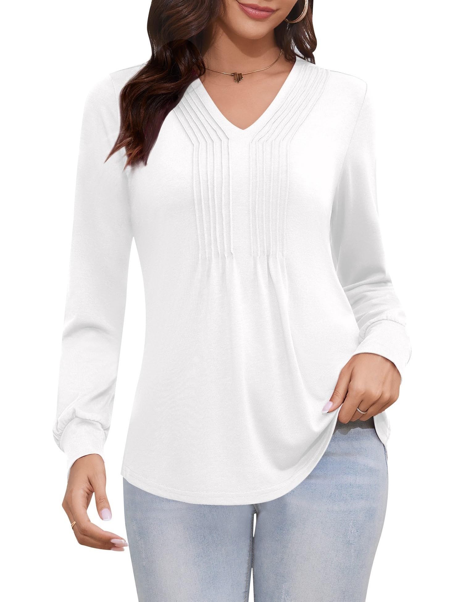 Top Luyaa Feminino Plissado Com Decote Em V, Manga Comprida, Branca S