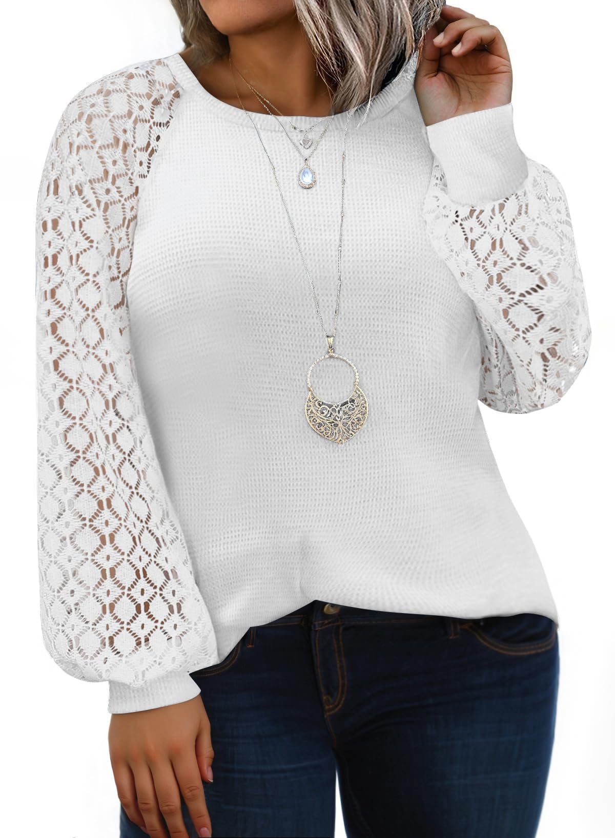 Camisa Feminina Eytino, Tamanho Grande, Gola Redonda, Renda, Manga Comprida, Branca