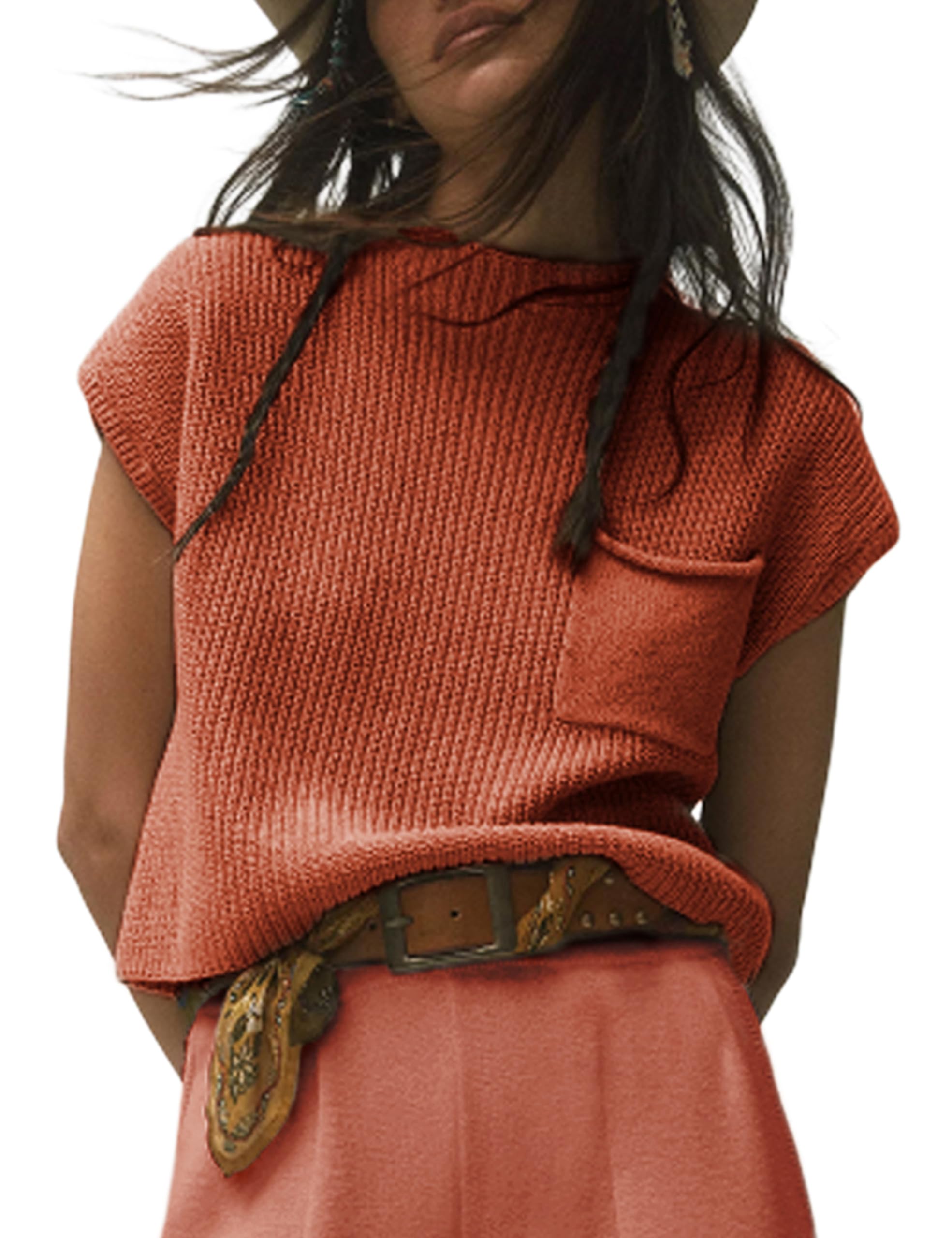 Colete De Suéter Himosyber Solid Rust Knitwear Sem Mangas Para Mulheres