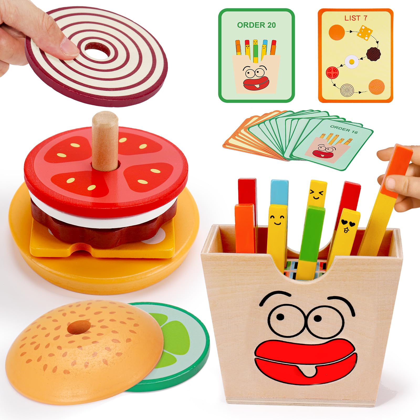 Jogo Montessori Toys Qirptey Wooden Burger Stacking &amp; Fries