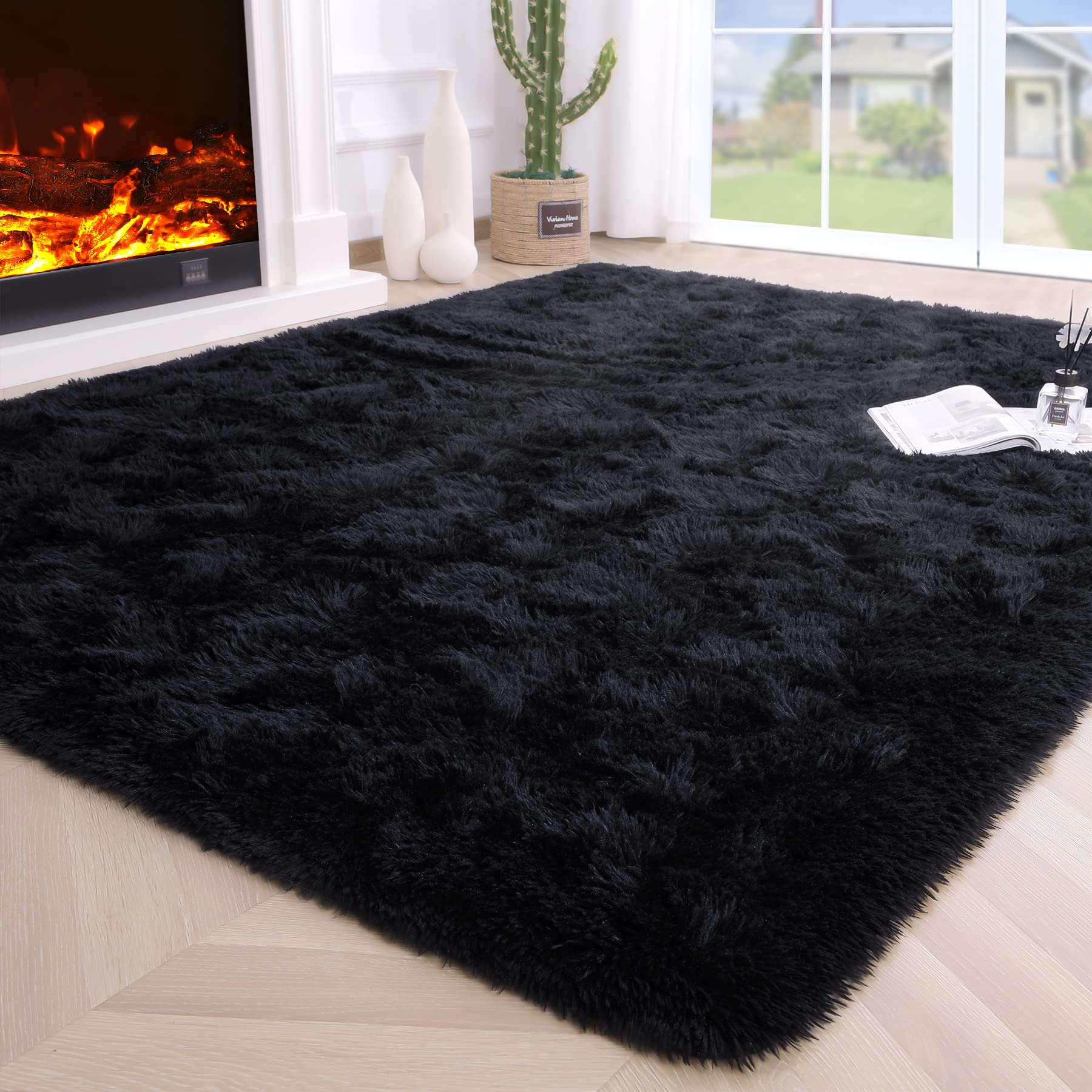 Tapete Noahas Fluffy Shaggy Fuzzy 120x160cm Preto Para Quarto