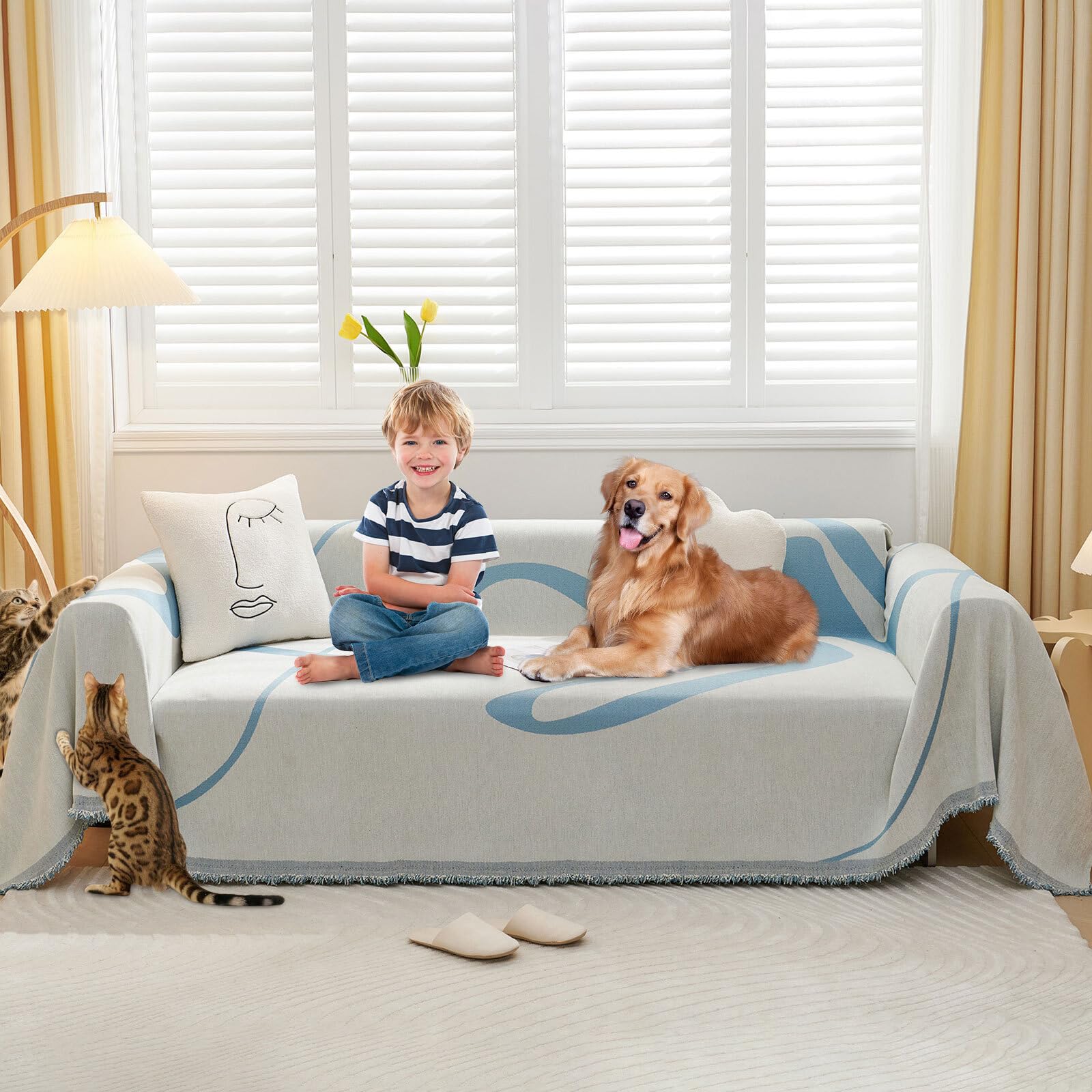 Capa De Sofá Handontime Listrada Em Azul Chenille Para 3 Almofadas