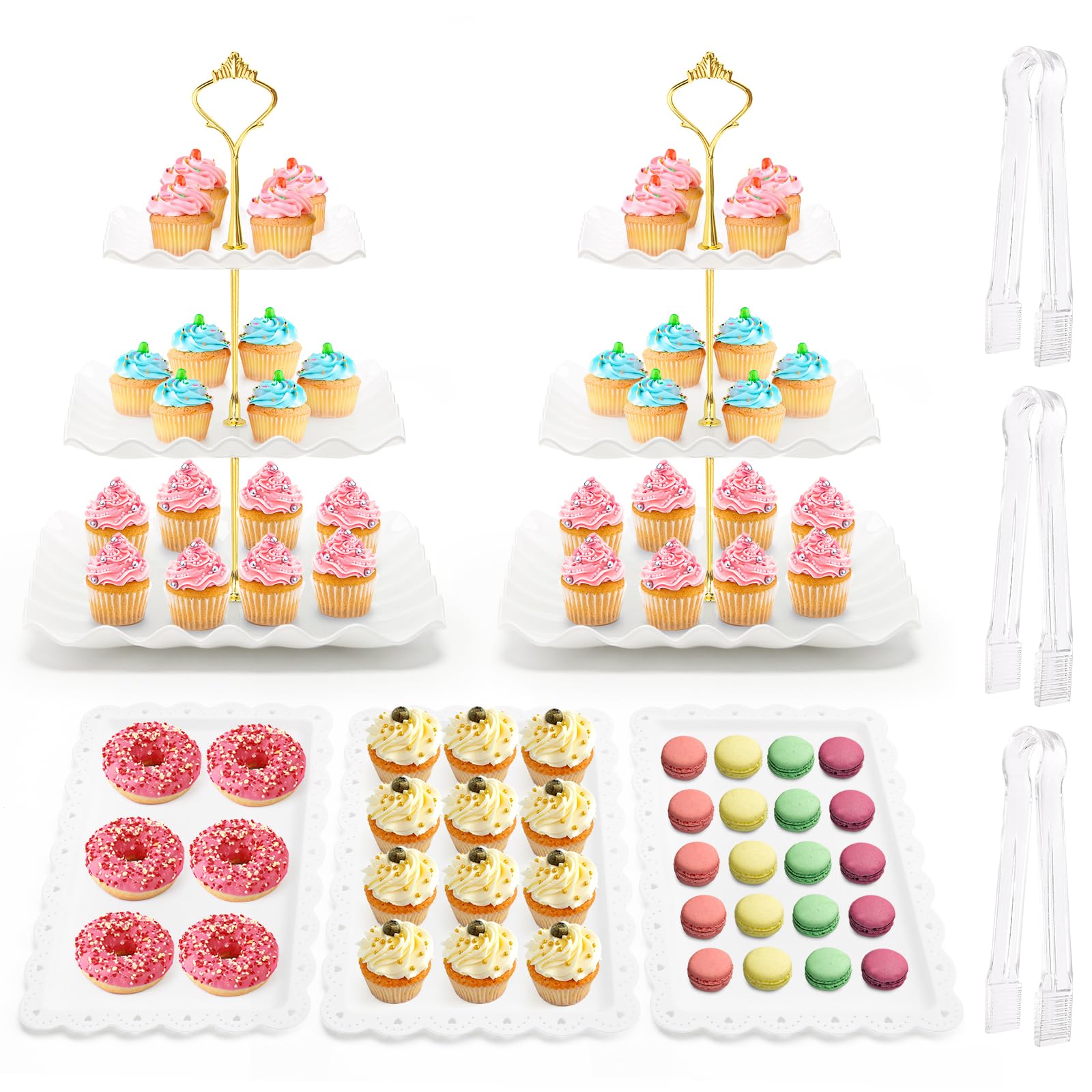 Conjunto De Suportes Para Cupcakes Coitak 3 Camadas 2x + Bandeja De Aperitivos 3x Branca