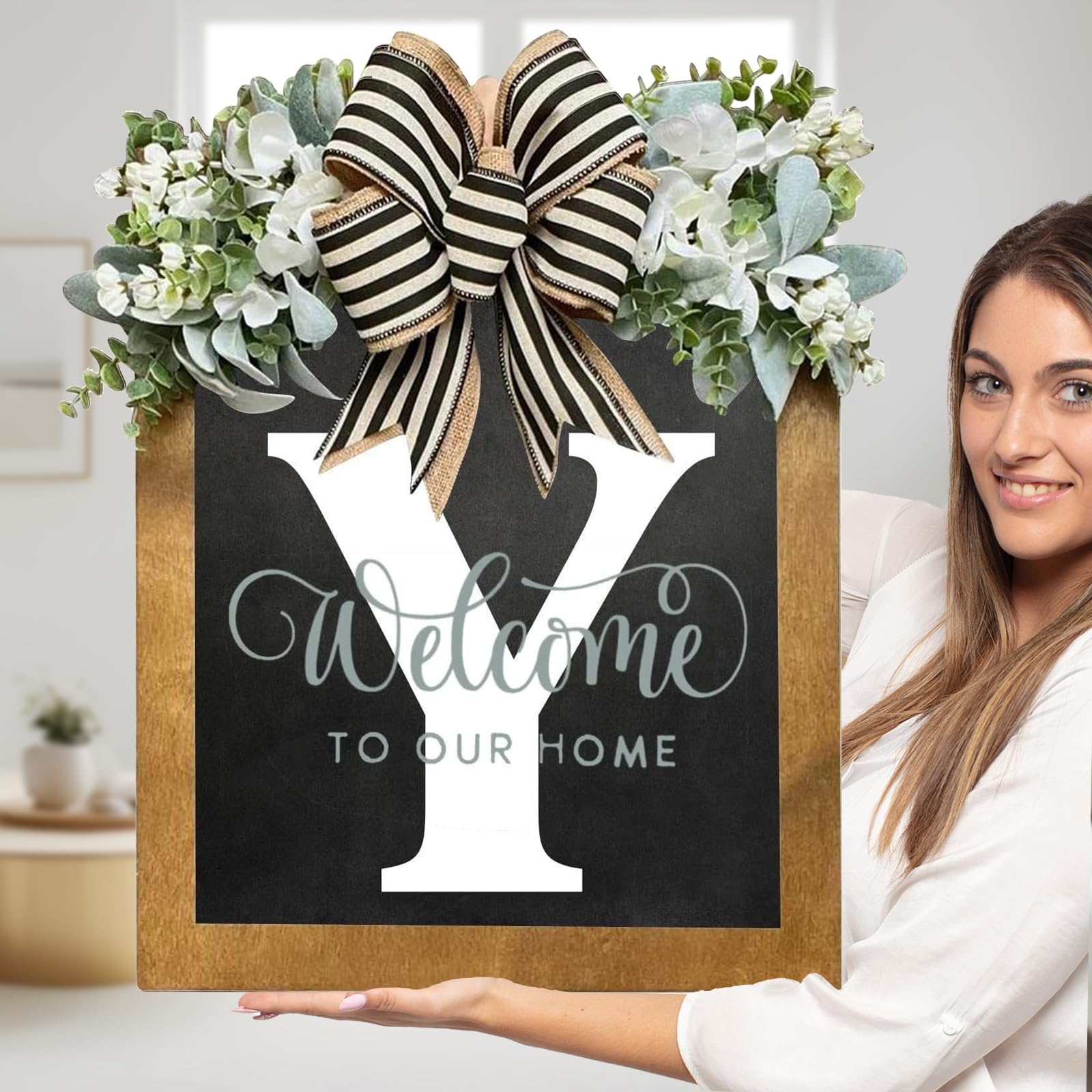 Sobrenome Da Placa De Boas-vindas Para Porta Frontal Com Guirlanda De Eucalipto