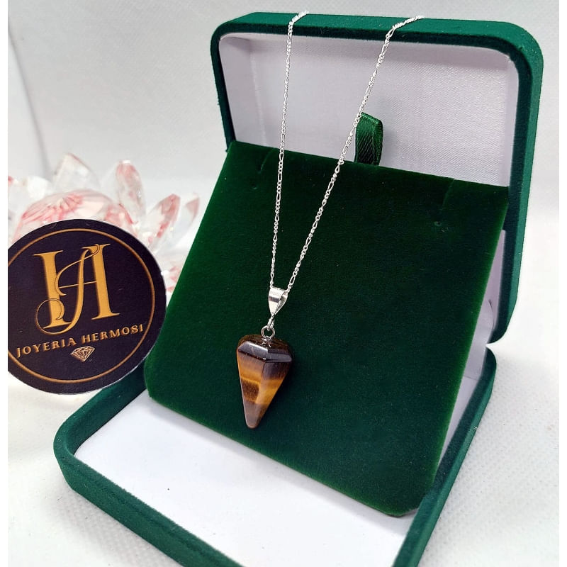 Colar De Pêndulo Tiger Eye Natural Stone 925 Em Prata