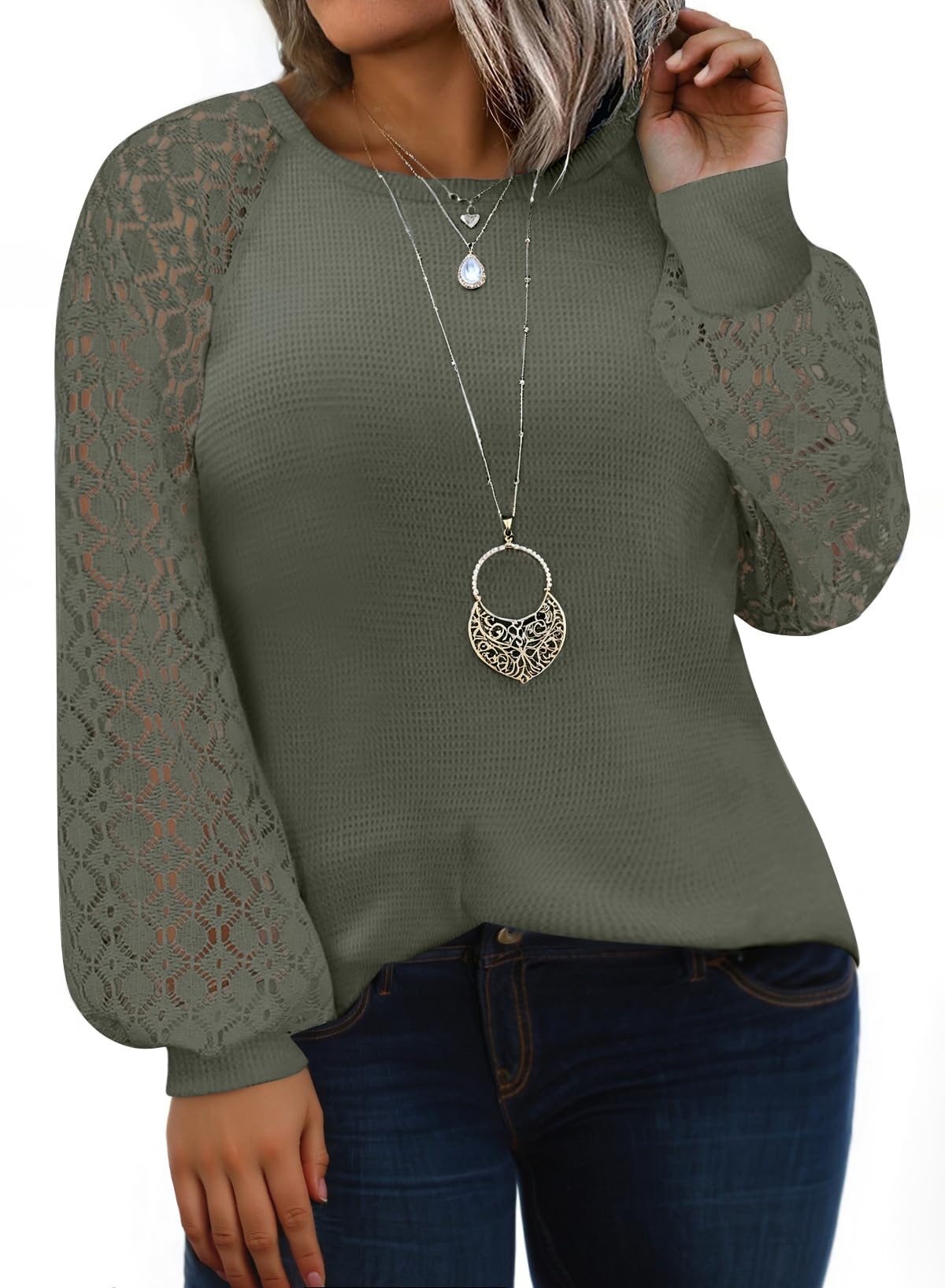 Camisa Feminina Eytino Plus Size De Renda De Manga Comprida Verde 2x