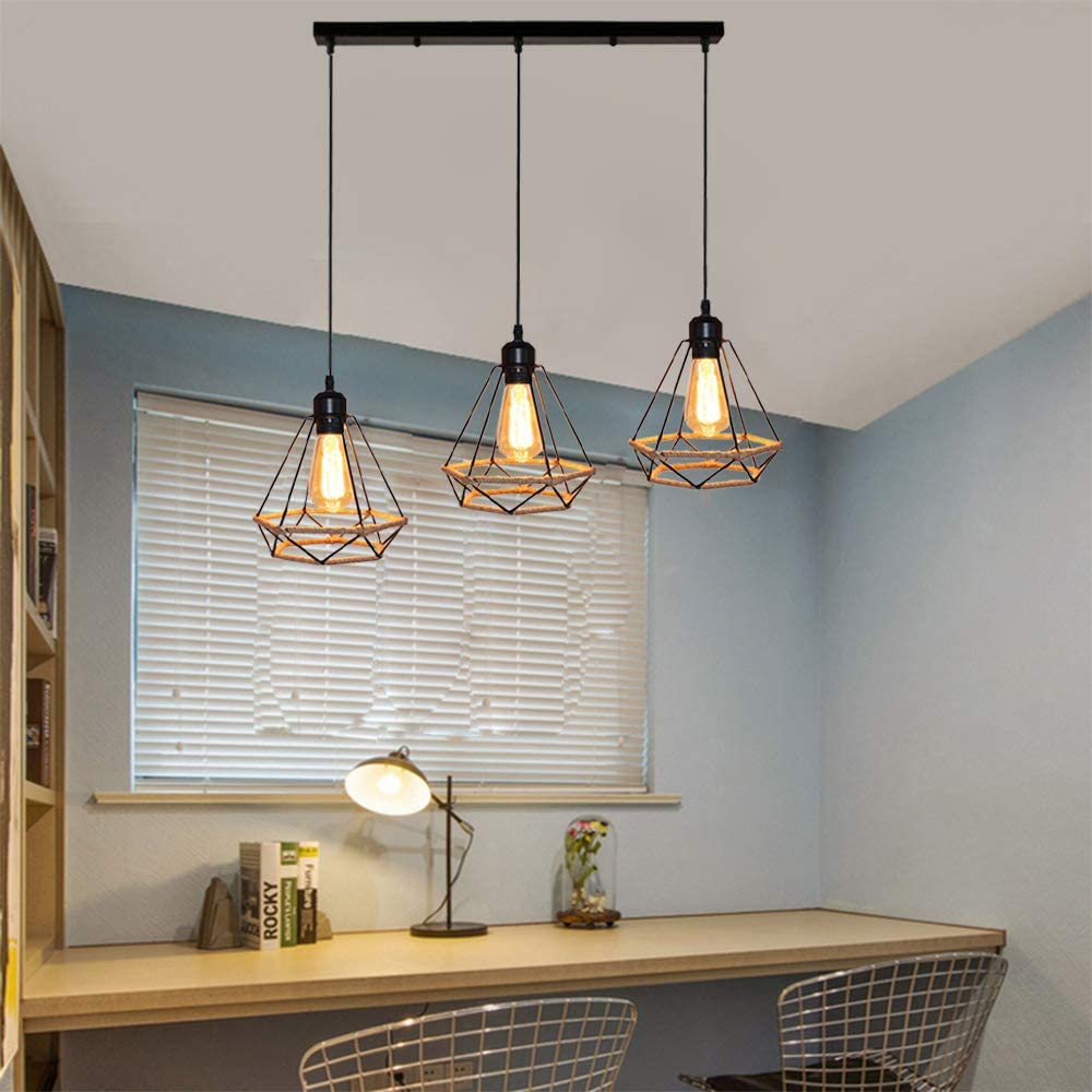 Vintage Corda Teto Pendentes Lâmpadas Metal 3 Luzes E