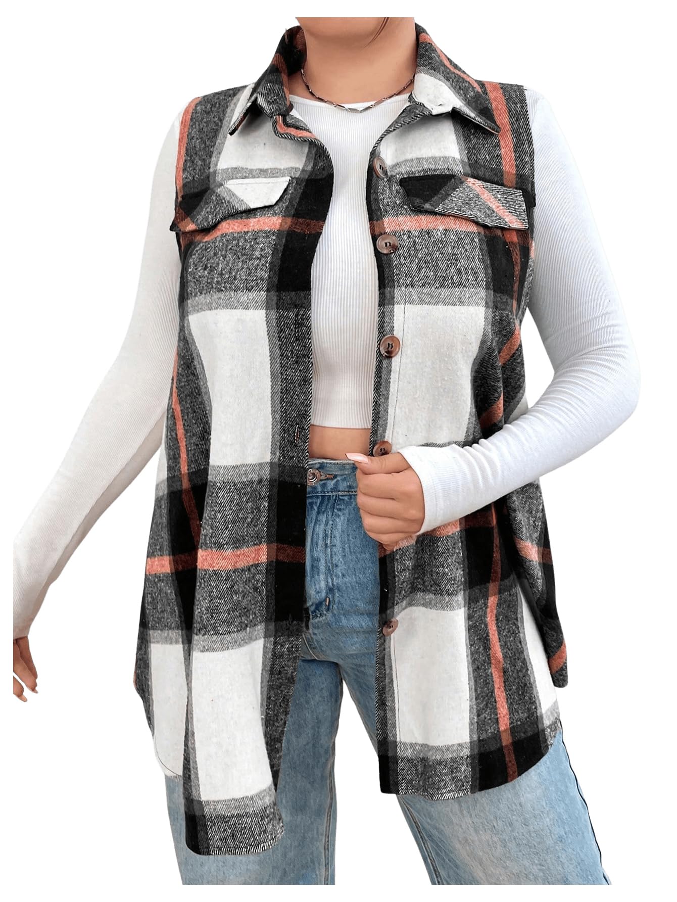 Outwear, Colete, Jaqueta Xadrez De Tweed, Camisa Feminina Com Botões