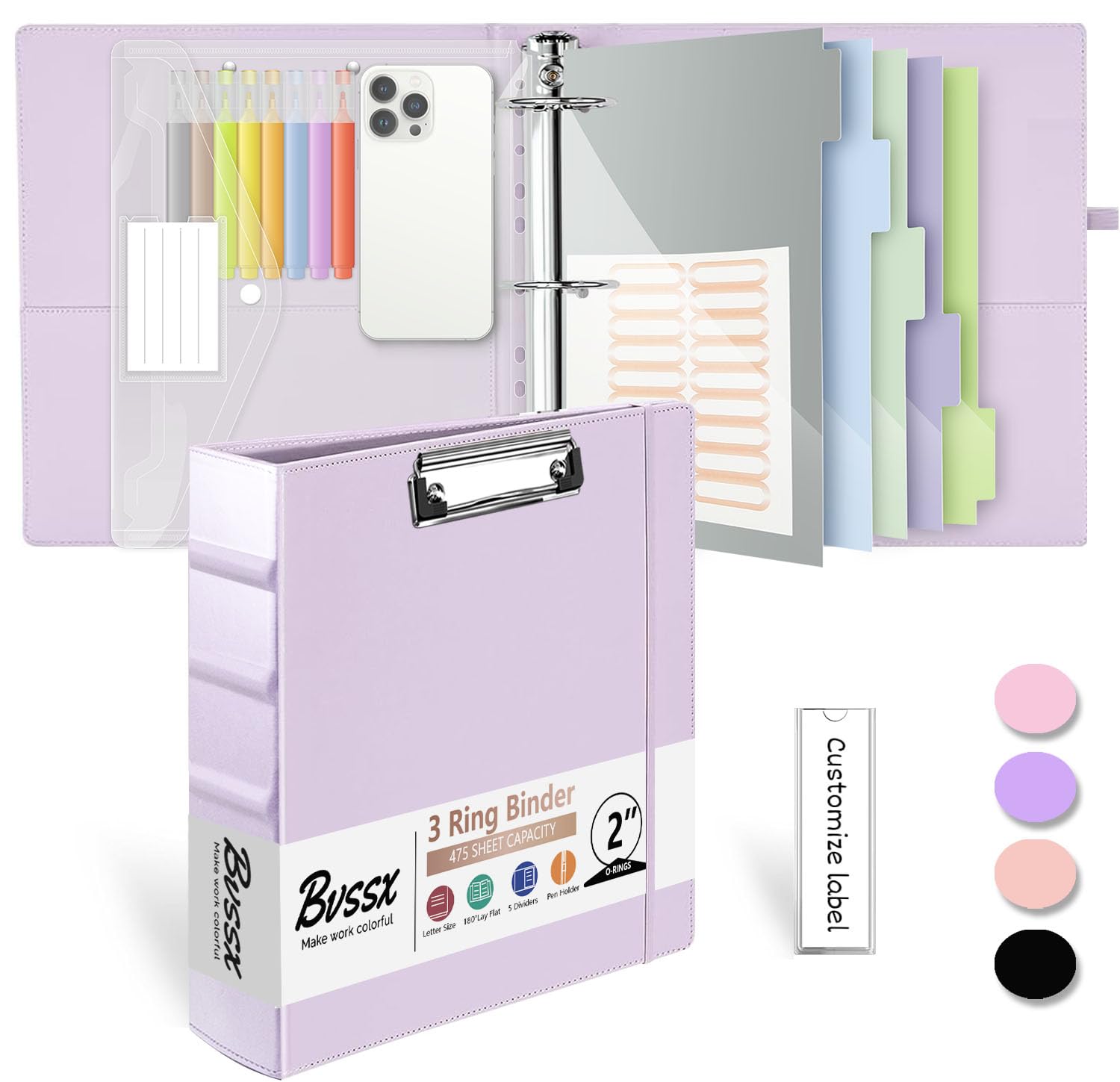 Binder Bvssx Leather De 3 Anéis De 2 Polegadas Com Prancheta Roxa