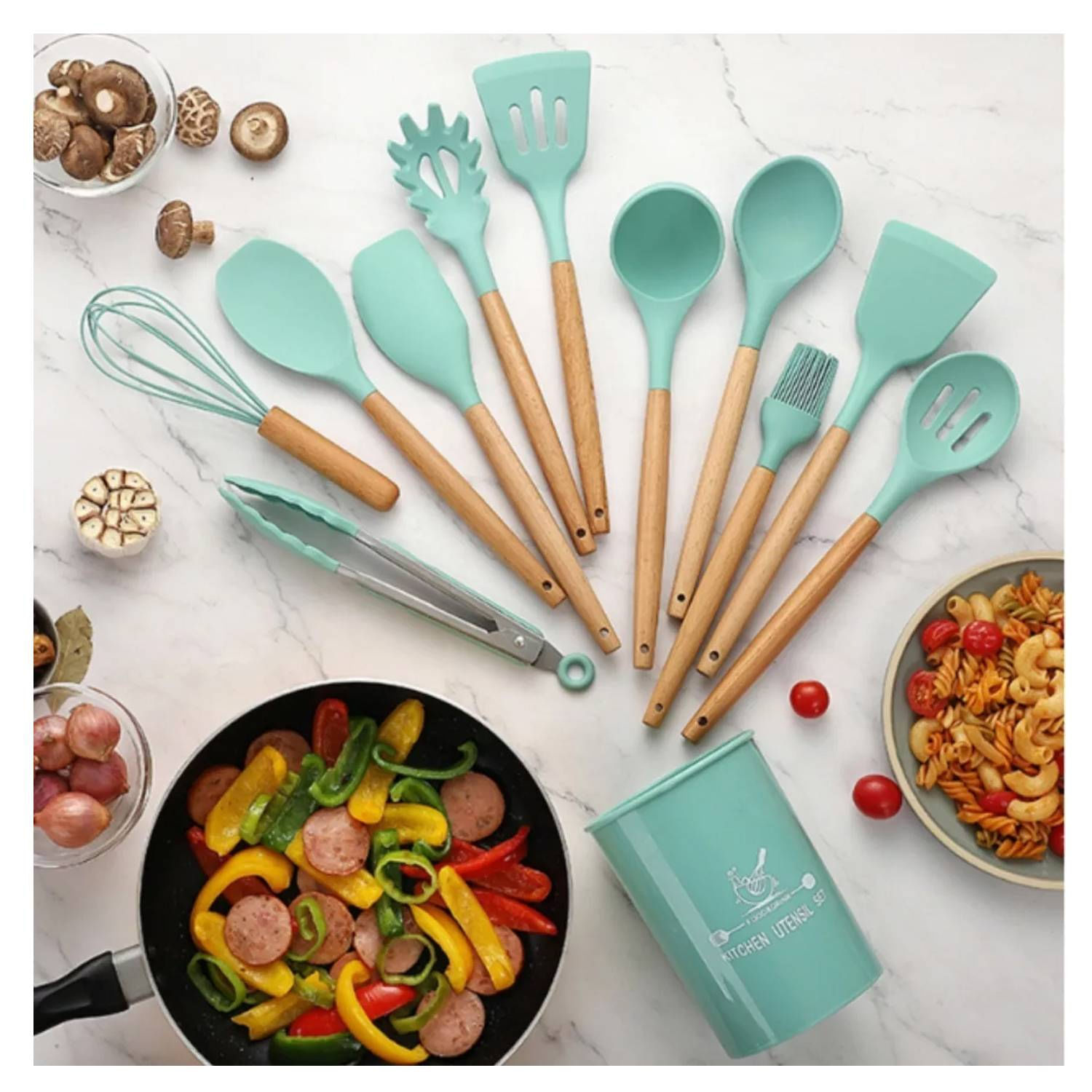 Conjunto De Utensílios De Cozinha Com Alças De Silicone E Madeira (12 Unidades)