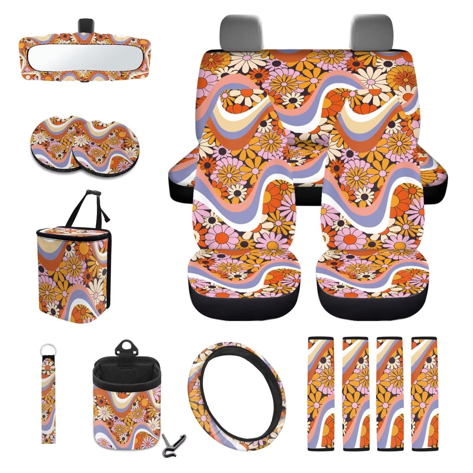 Conjunto De Capa De Assento De Carro Wanyint Hippie Flower 15 Peças Universal