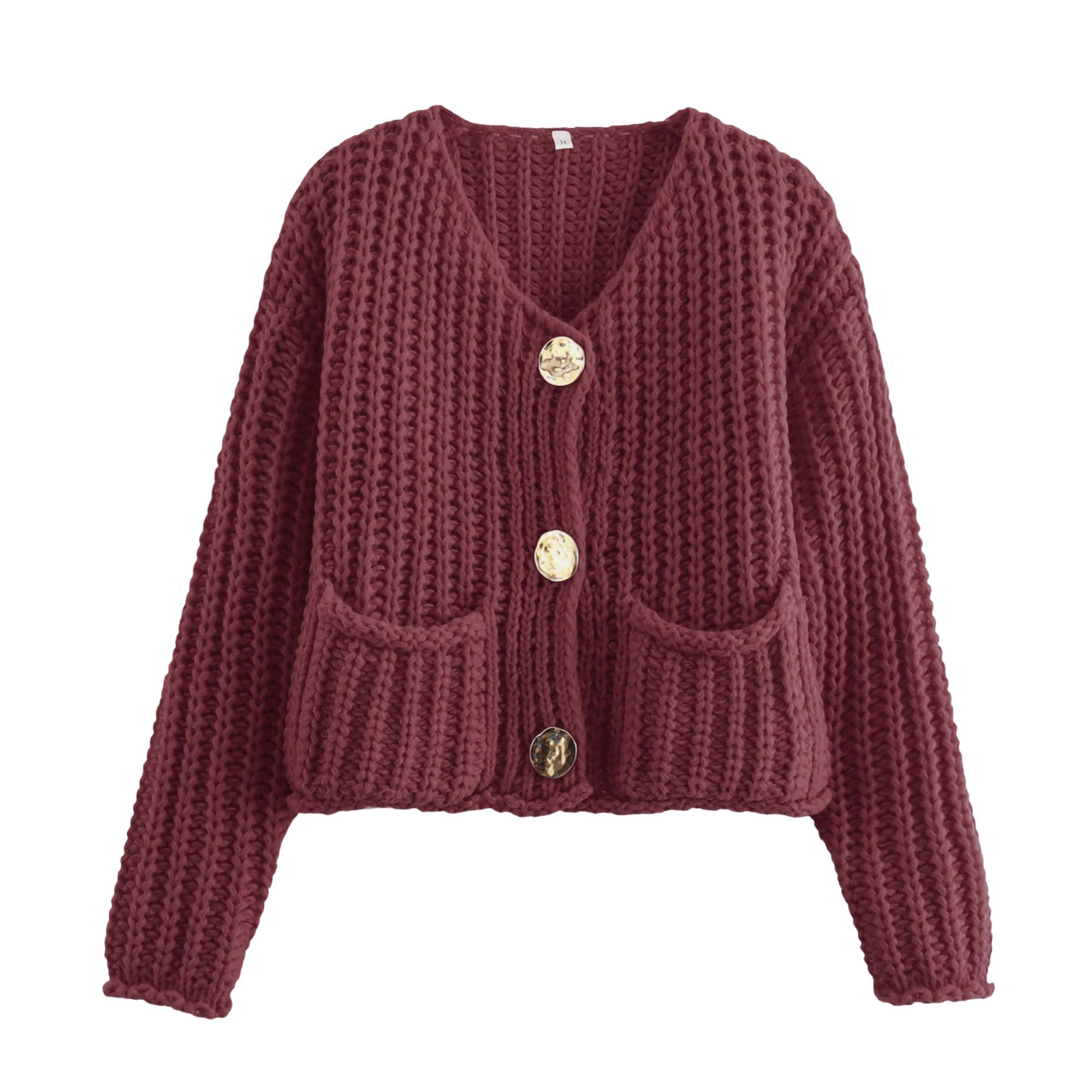 Cardigã Findthy Feminino De Malha Cortada De Manga Comprida Vermelho Vinho