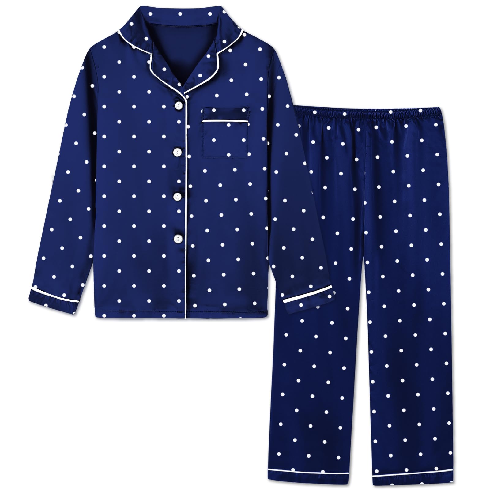 Pijamas Schbbbta Girls De Seda Acetinada Com Botões, 7-8 Anos, Azul Marinho