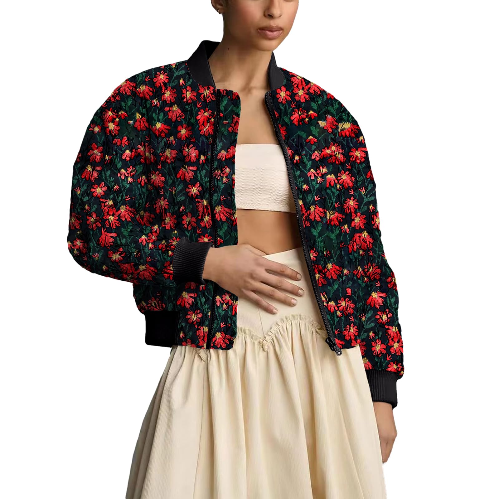 Jaqueta Shiyifa Bordada Daisy Cropped Bomber Feminina Preta E Vermelha