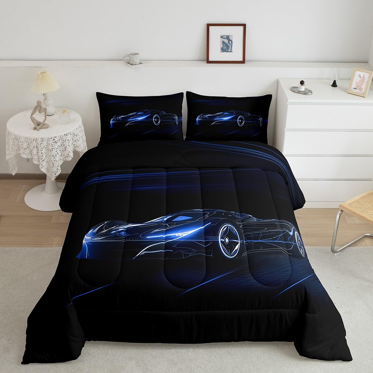 Conjunto De Roupa De Cama Feelyou Blue Race Car Twin Size Para Crianças E Meninos