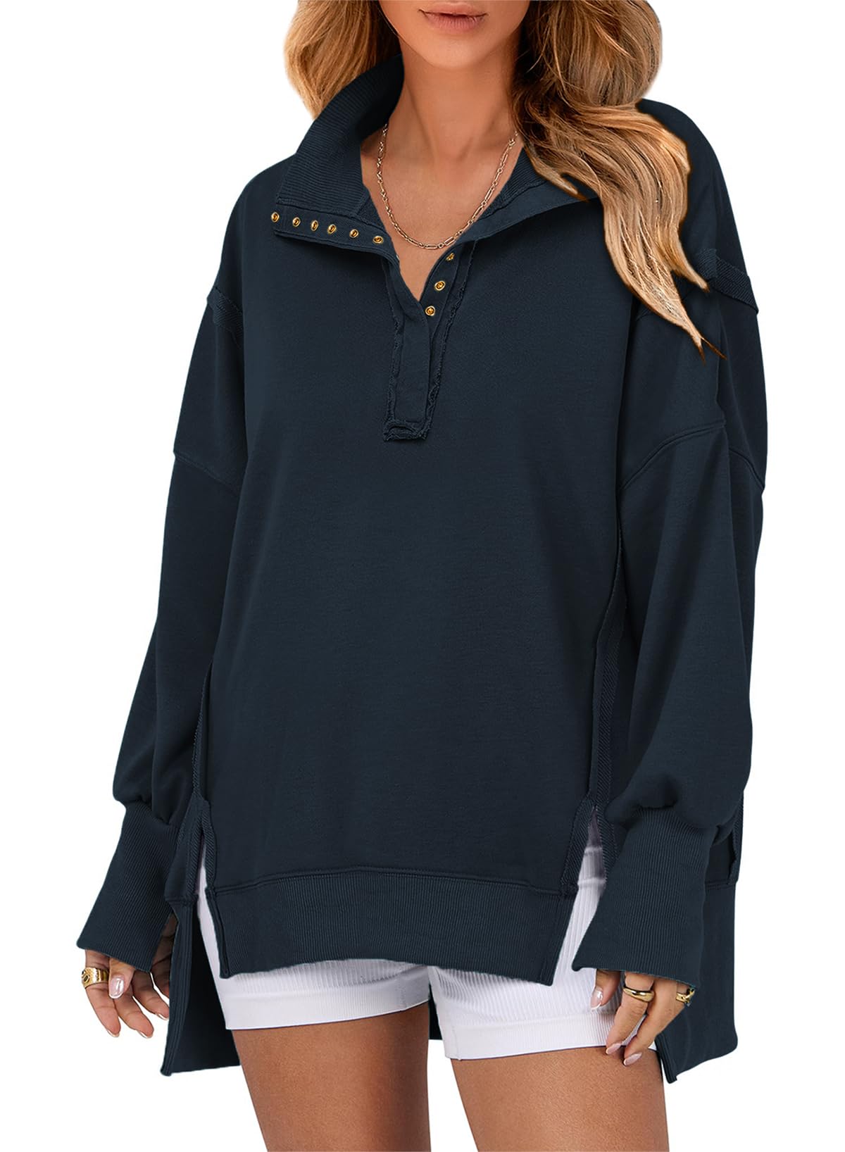 Moletom Shewin Casual Loose Henley Pullover Para Mulheres Azul Marinho