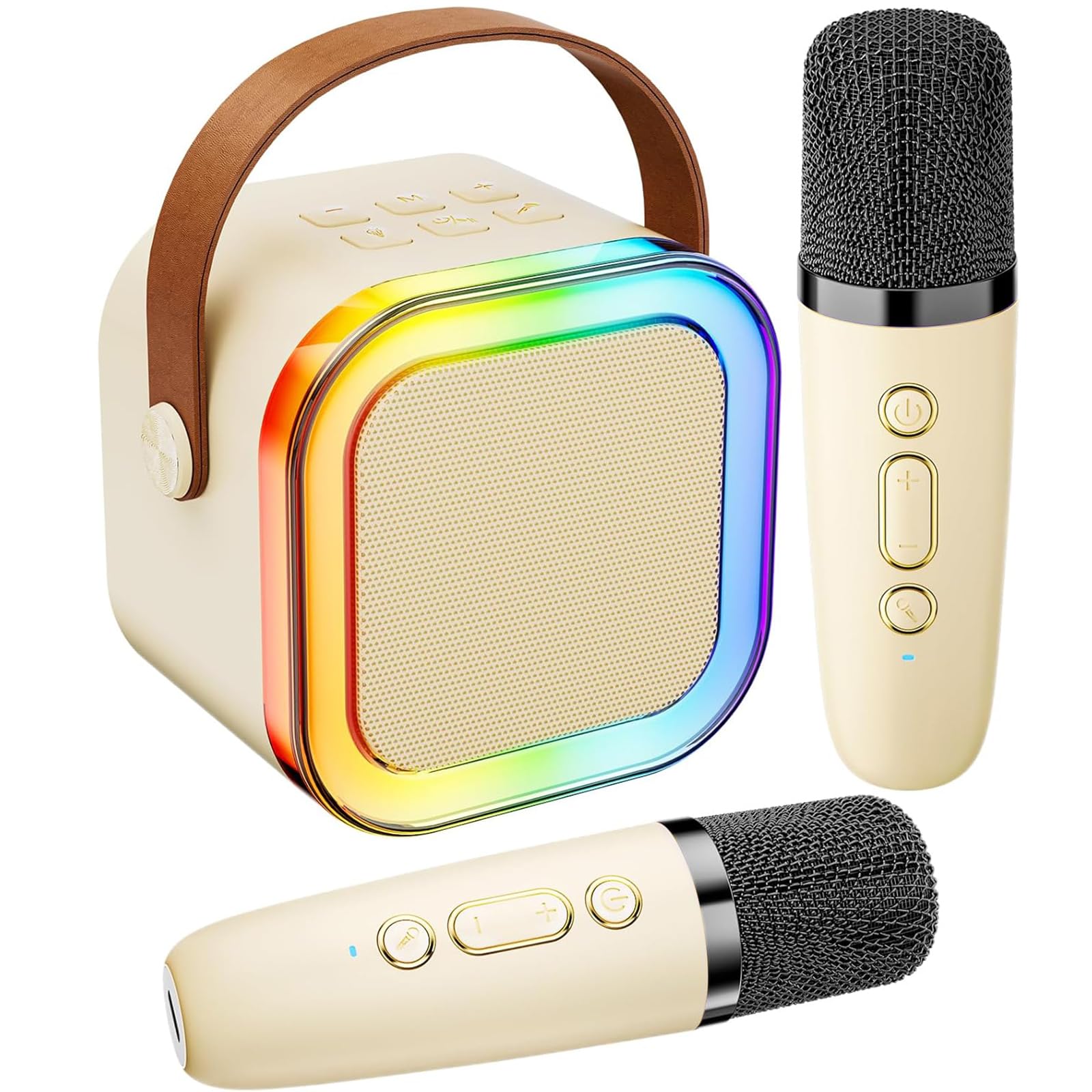 Máquina De Karaokê Bluetooth Portátil Peski Com 2 Microfones Bege