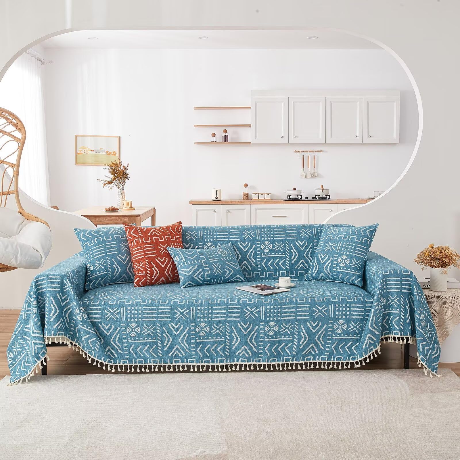 Capa De Sofá Vclife Boho Blue White Geometry 180x300cm Chenil