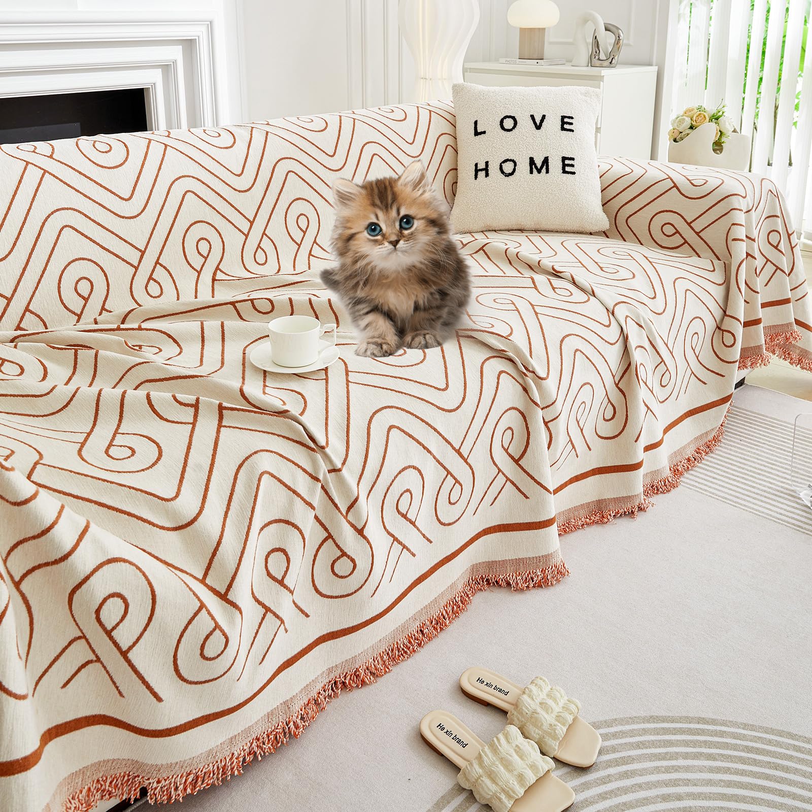 Capa De Sofá Stacypik Soft Orange Listrada Reversível 180x380cm