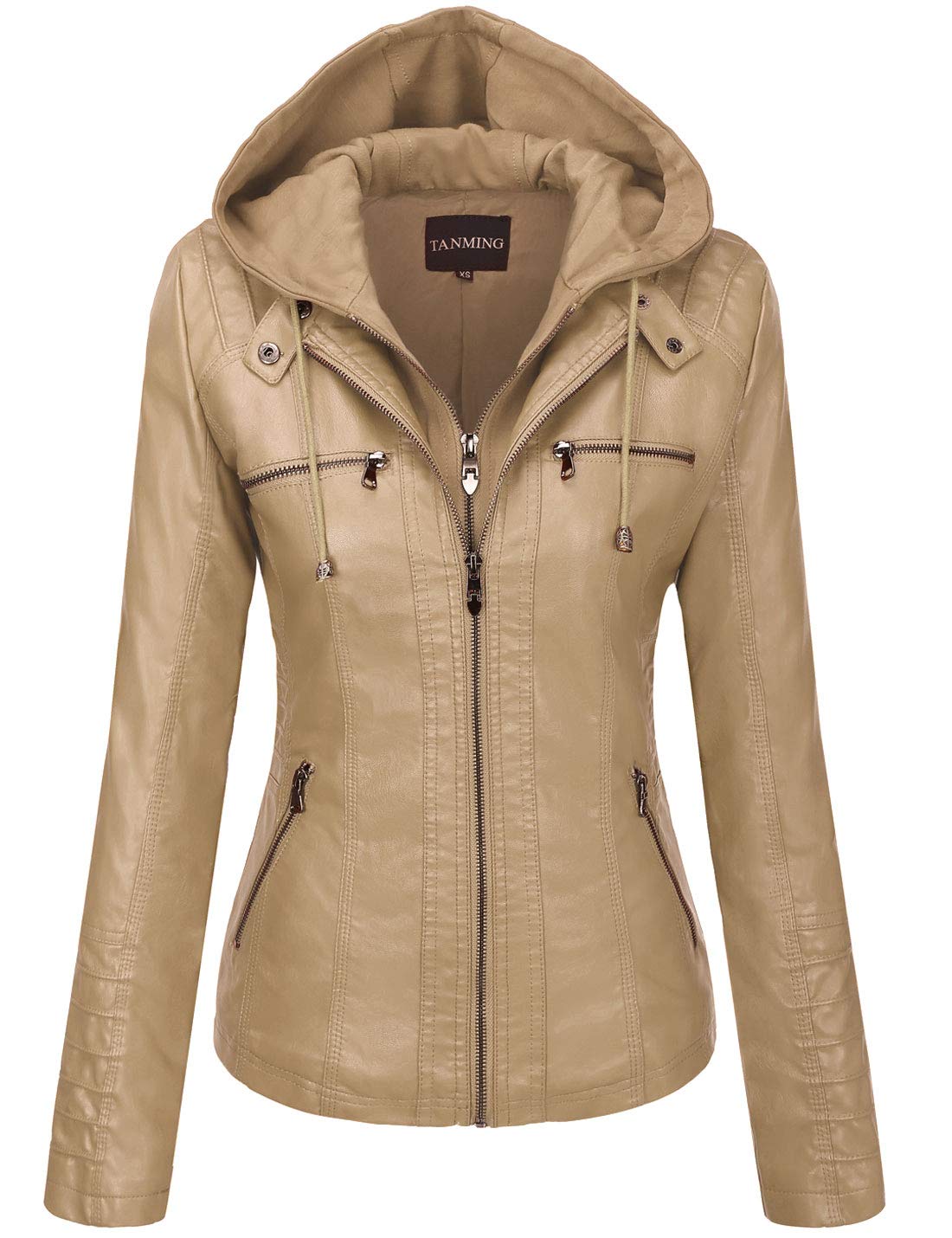 Jaqueta Feminina Tanming Com Capuz De Couro Sintético Apricot Xs