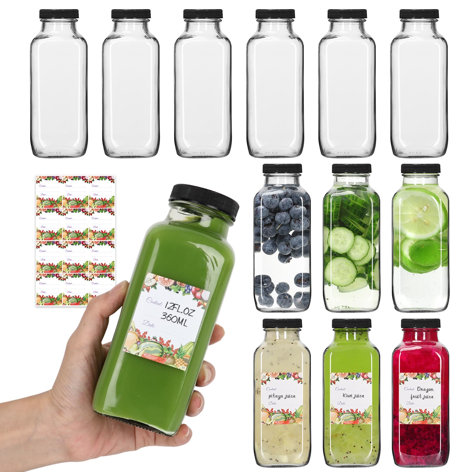 Garrafas De Vidro Alotpower 360ml Com Tampas Para Fazer Sucos, Pacote Com 12