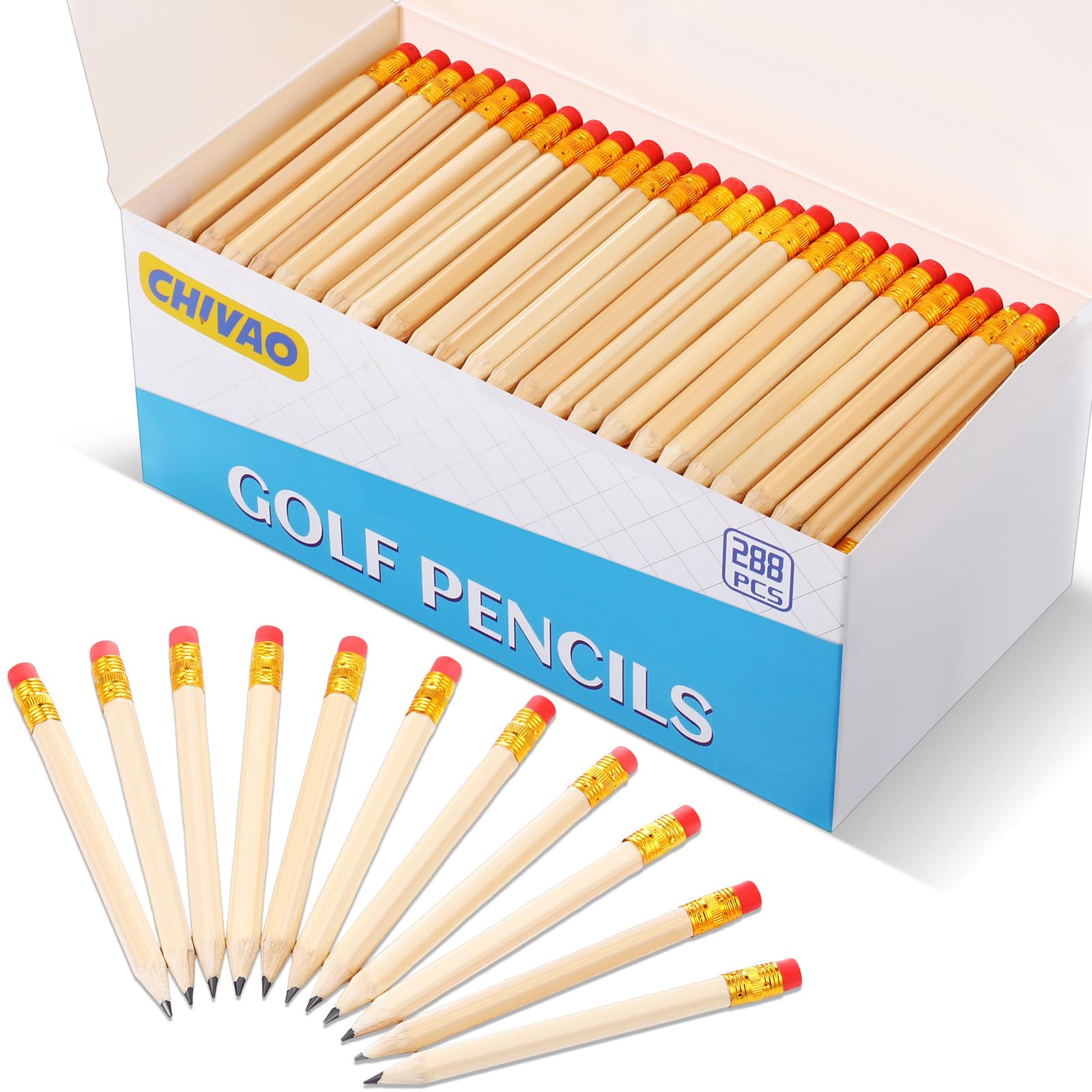 Mini Lápis Golf Chivao 288 Peças Com Borracha De 9,8 Cm De Madeira