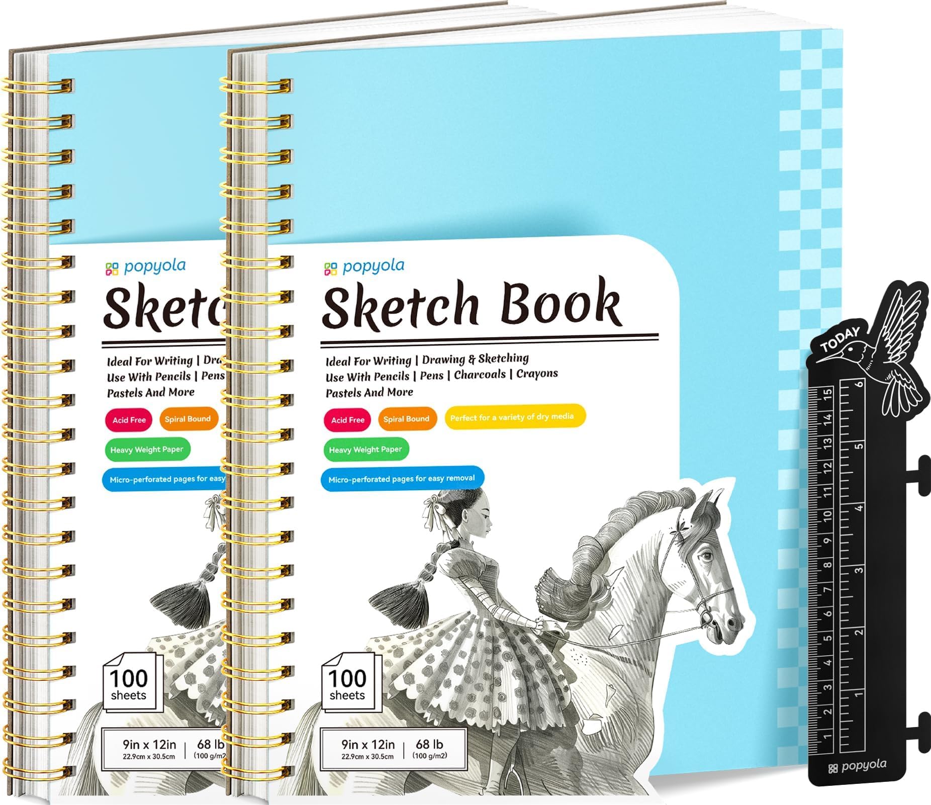 Caderno De Esboços Popyola 9 X 12 Cm Com Régua De Marcadores, Pacote Com 2, 100 Folhas