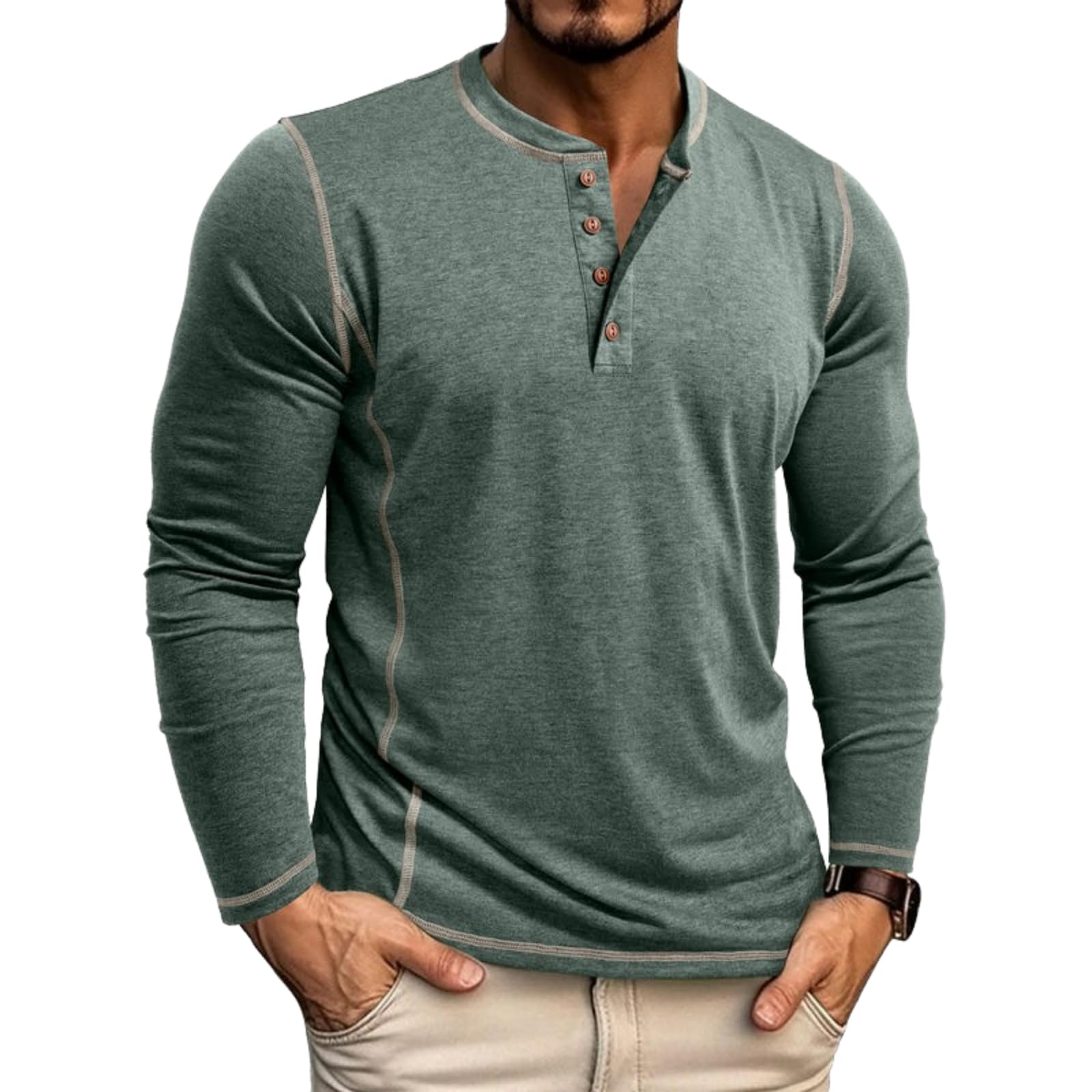 Camisa Henley Estokap Masculina De Manga Comprida Casual Básica Verde
