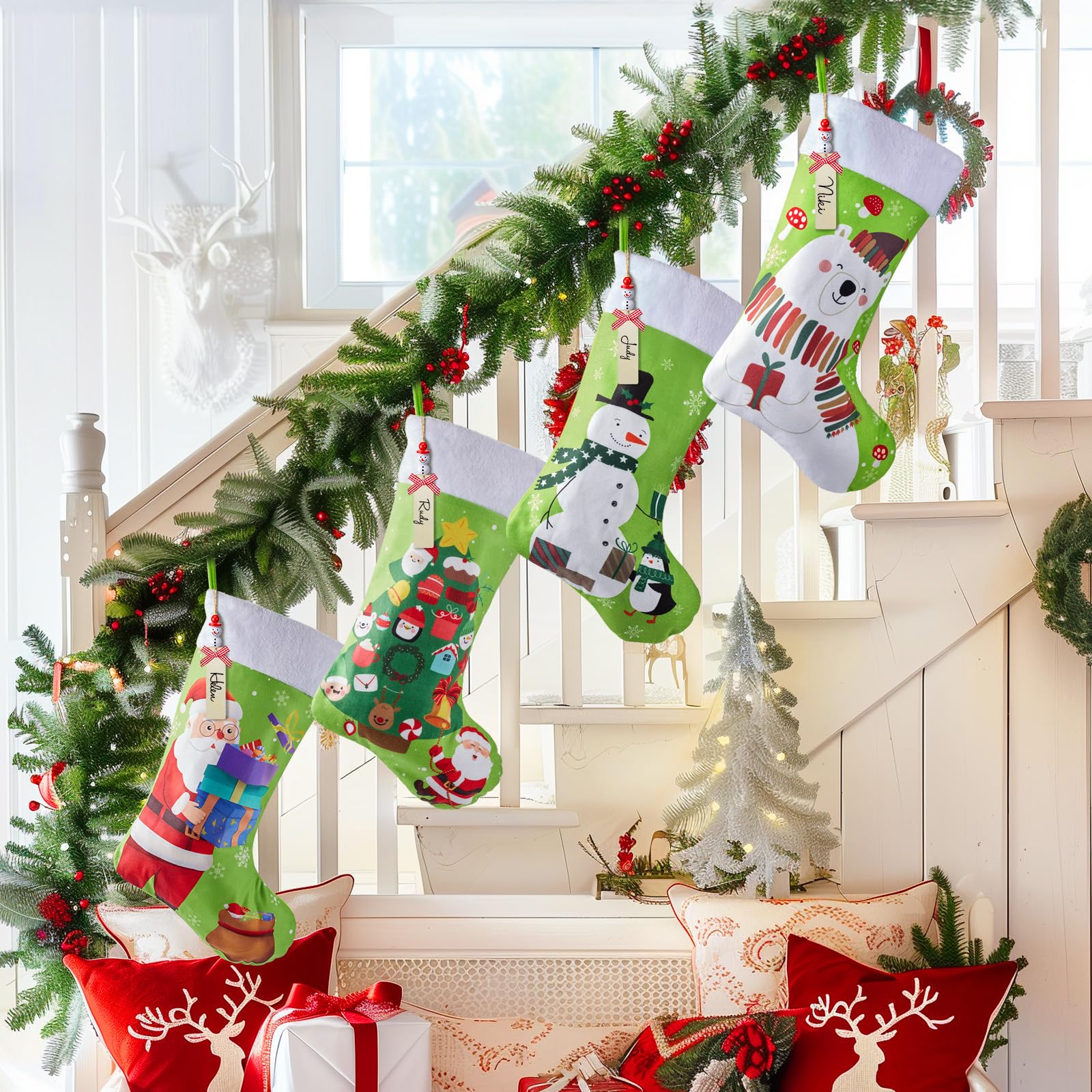 Meia De Natal Minetom Wood Hanging 45 Cm, Pacote Com 4 Unidades, Verde