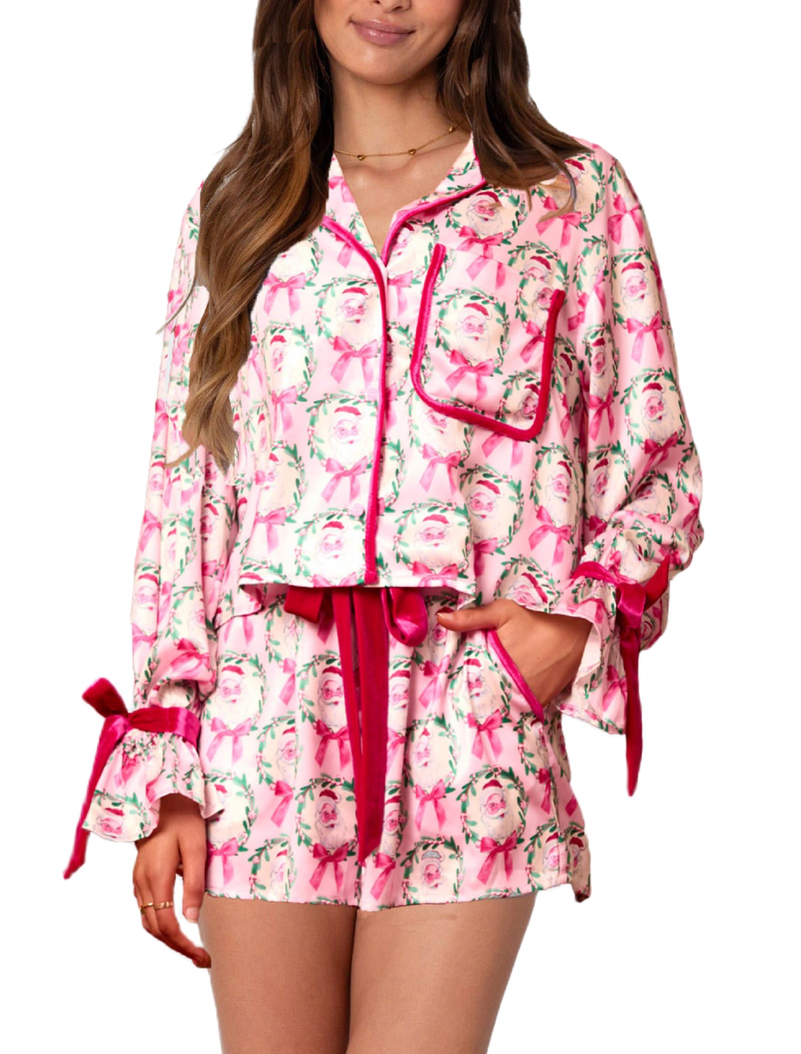 Conjunto De Pijamas De Natal Faretumiya, Gravata Borboleta Feminina, Rosa, Tamanho L