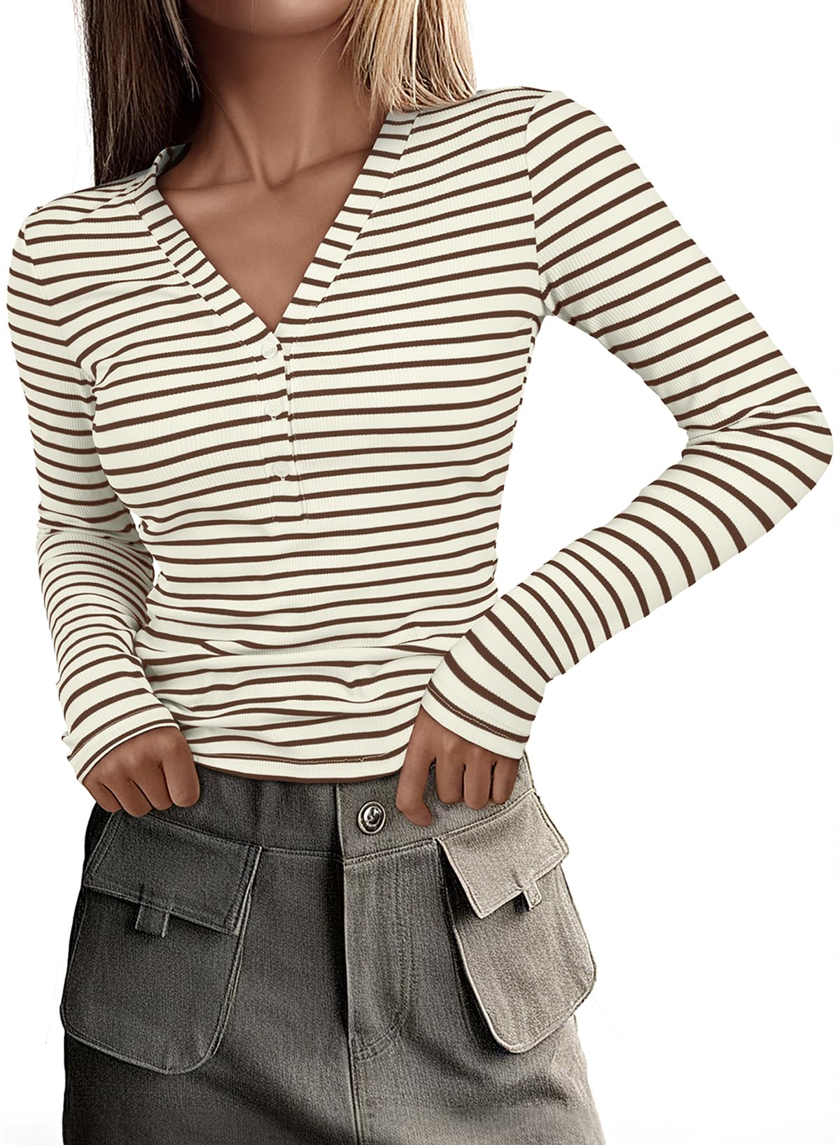 Camisa Feminina Acelitt, Casual, Manga Comprida, Decote Em V, Marrom, Listrada, S