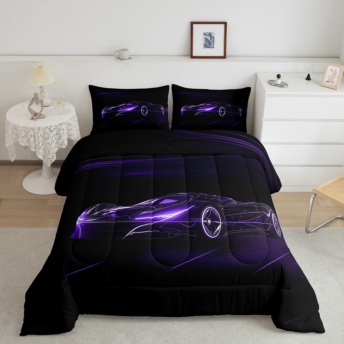 Conjunto De Roupa De Cama Feelyou Dull Purple Race Car Twin Size Para Crianças