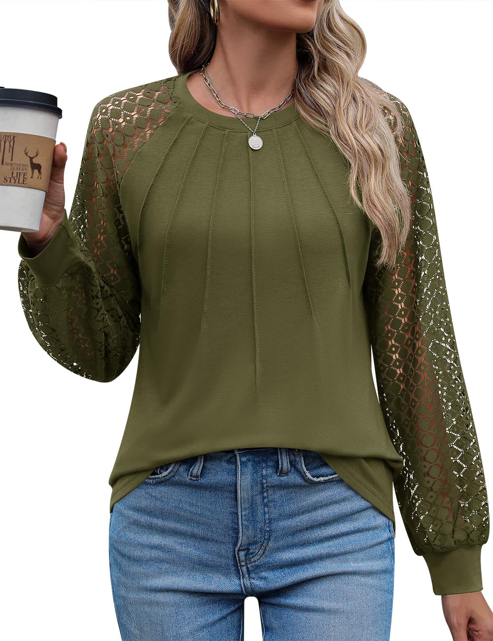 Camisa Kistore De Renda De Manga Comprida Para Mulheres Verde Militar M