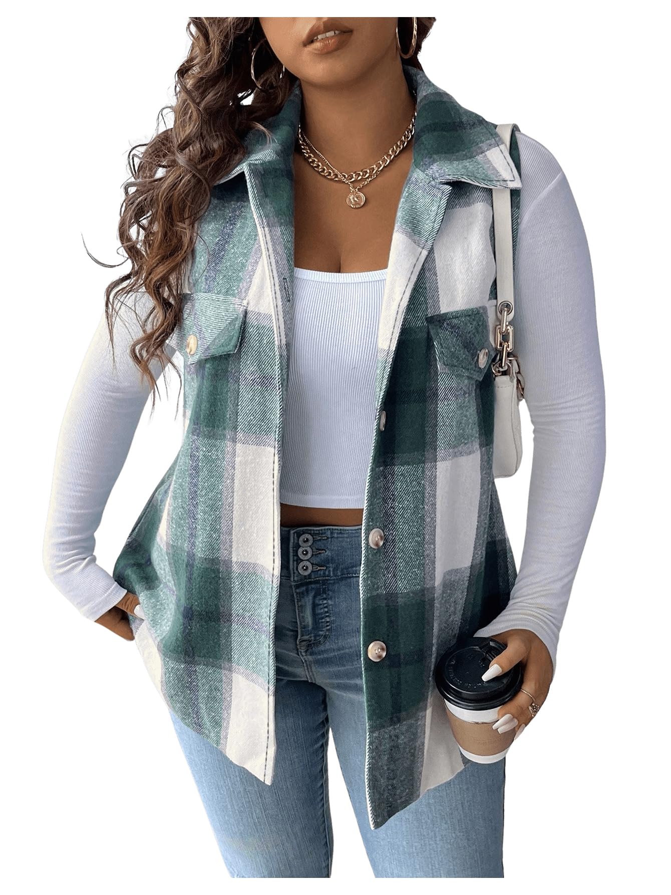 Outwear, Colete, Jaqueta Xadrez De Tweed, Camisa Com Botões, Plus