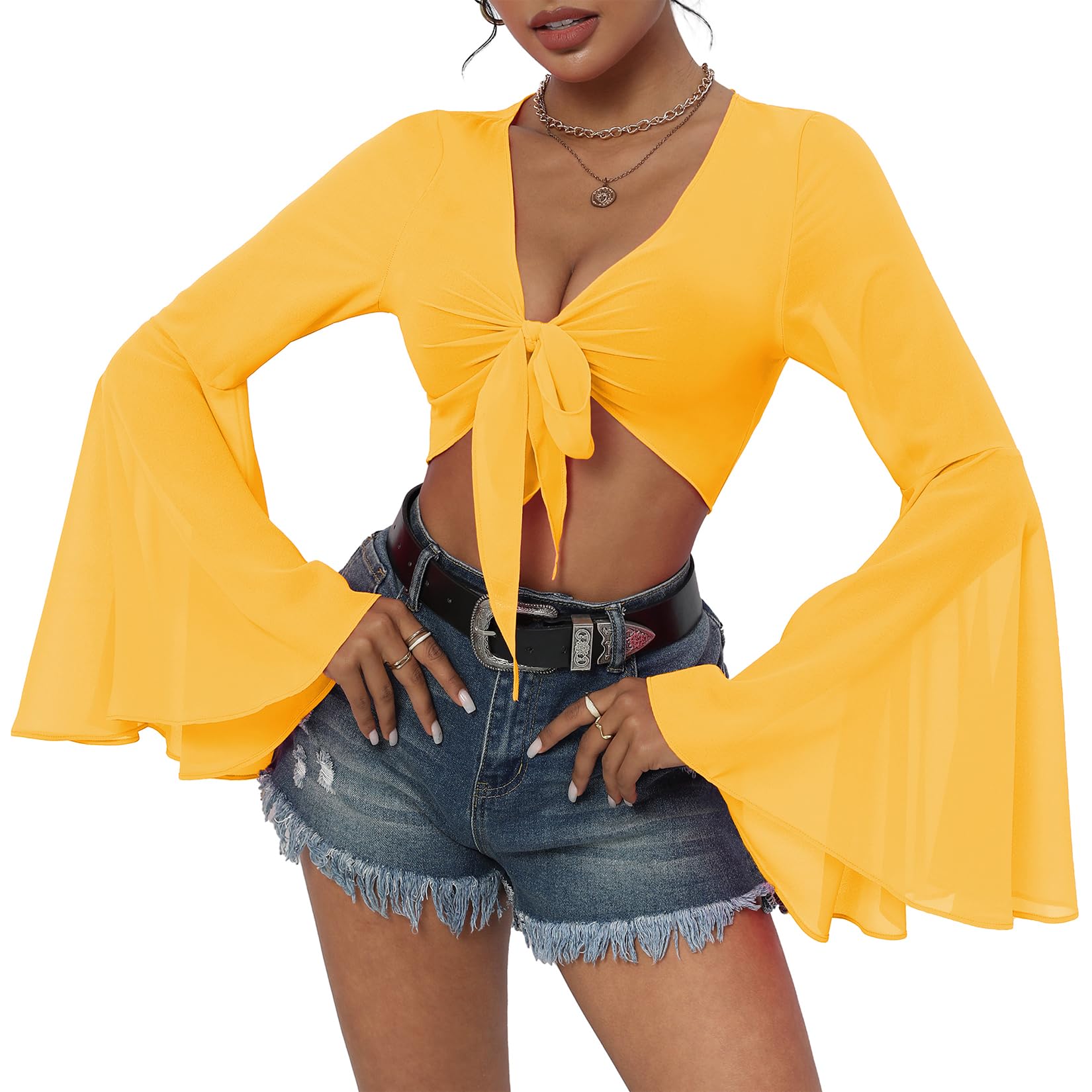 Blusa Curta De Malha Bell Sleeve Amarela Para Mulheres Tamanho M