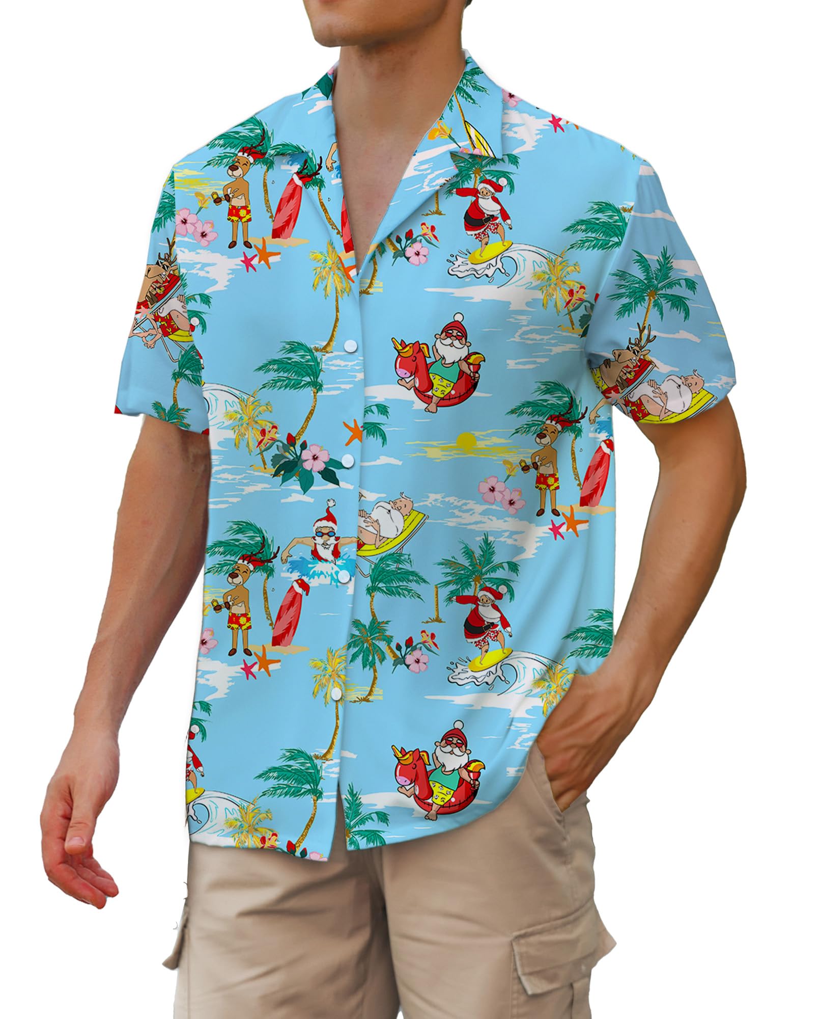 Camisa Havaiana Cromante Para Homens De Manga Curta Azul De Natal