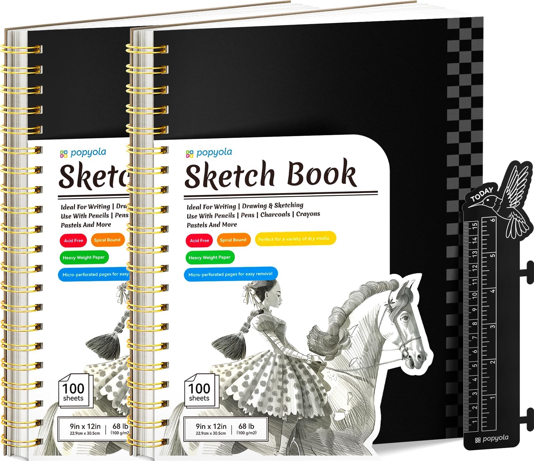 Caderno De Esboços Popyola 9 X 12 Cm Com Régua De Marcadores, Pacote Com 2, 100 Folhas